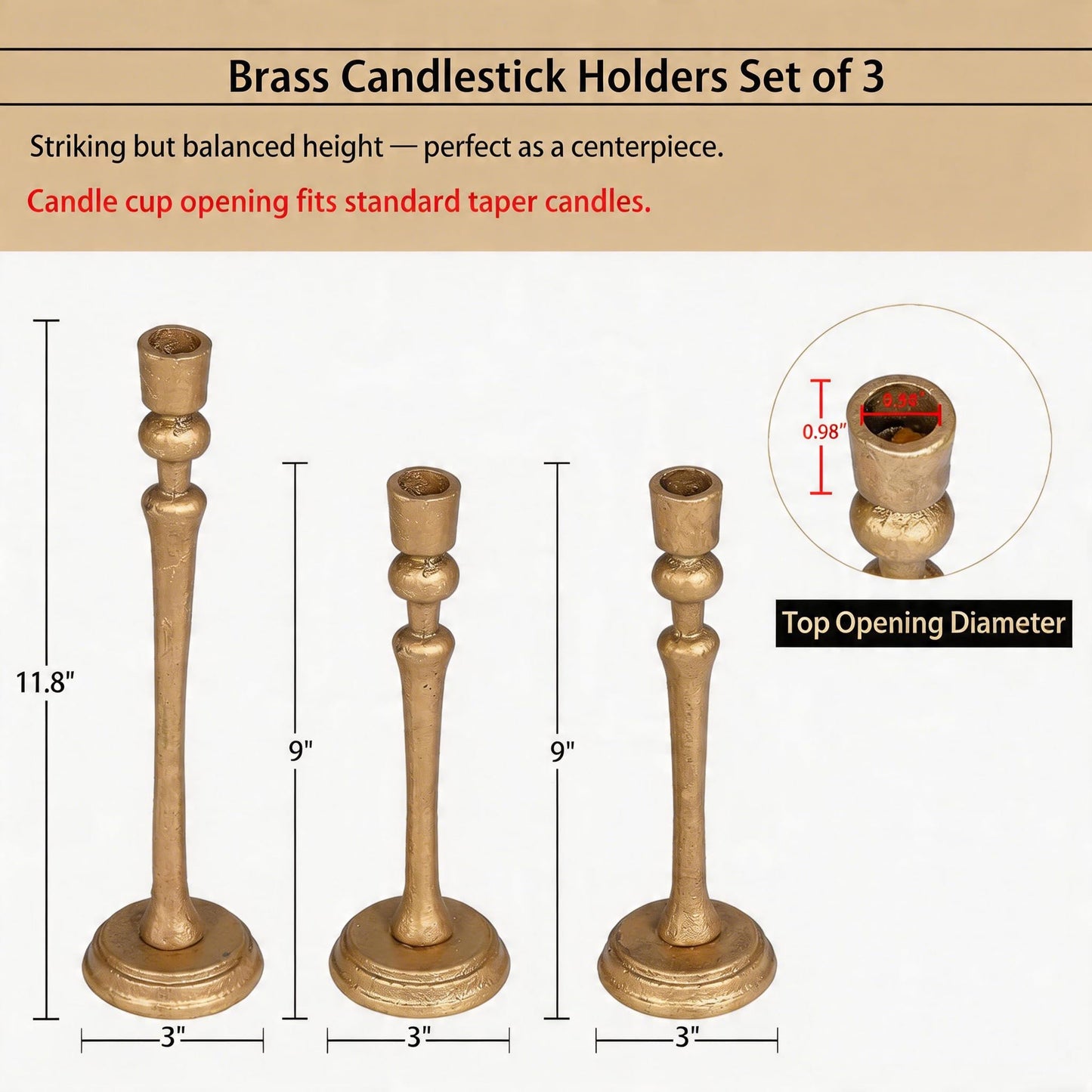 Wenbery Gold Candlestick Holders Set of 3, Heavy Cast Iron Candle Holder for Table Centerpiece, Antique Brass Finish