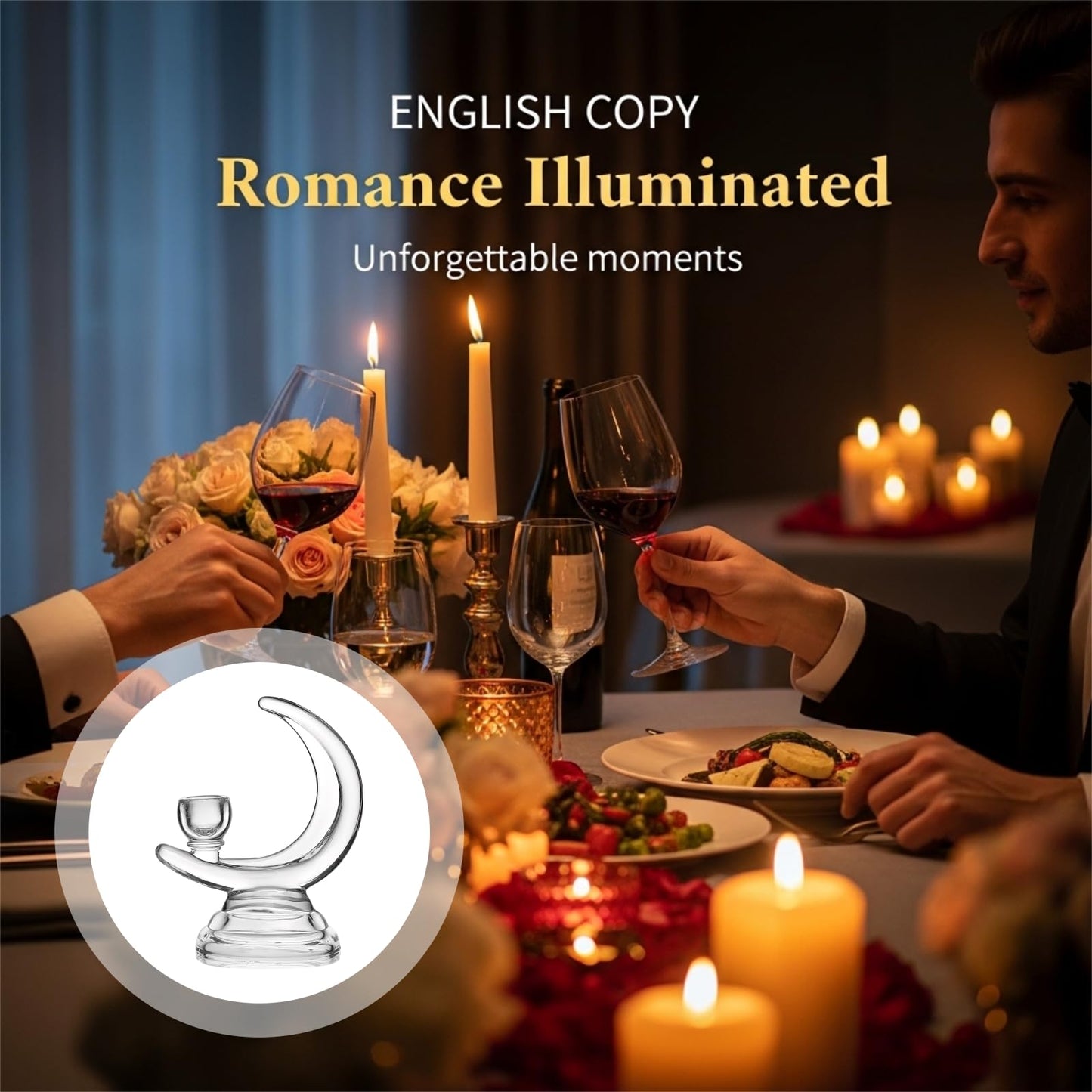Glass Candle Holder, Moon-Shaped Romantic Stand for Weddings and Dinner Parties, Clear Glass Table Centerpieces, 6.7 in / 17 cm Height, Contemporary Decorative Accent Piece