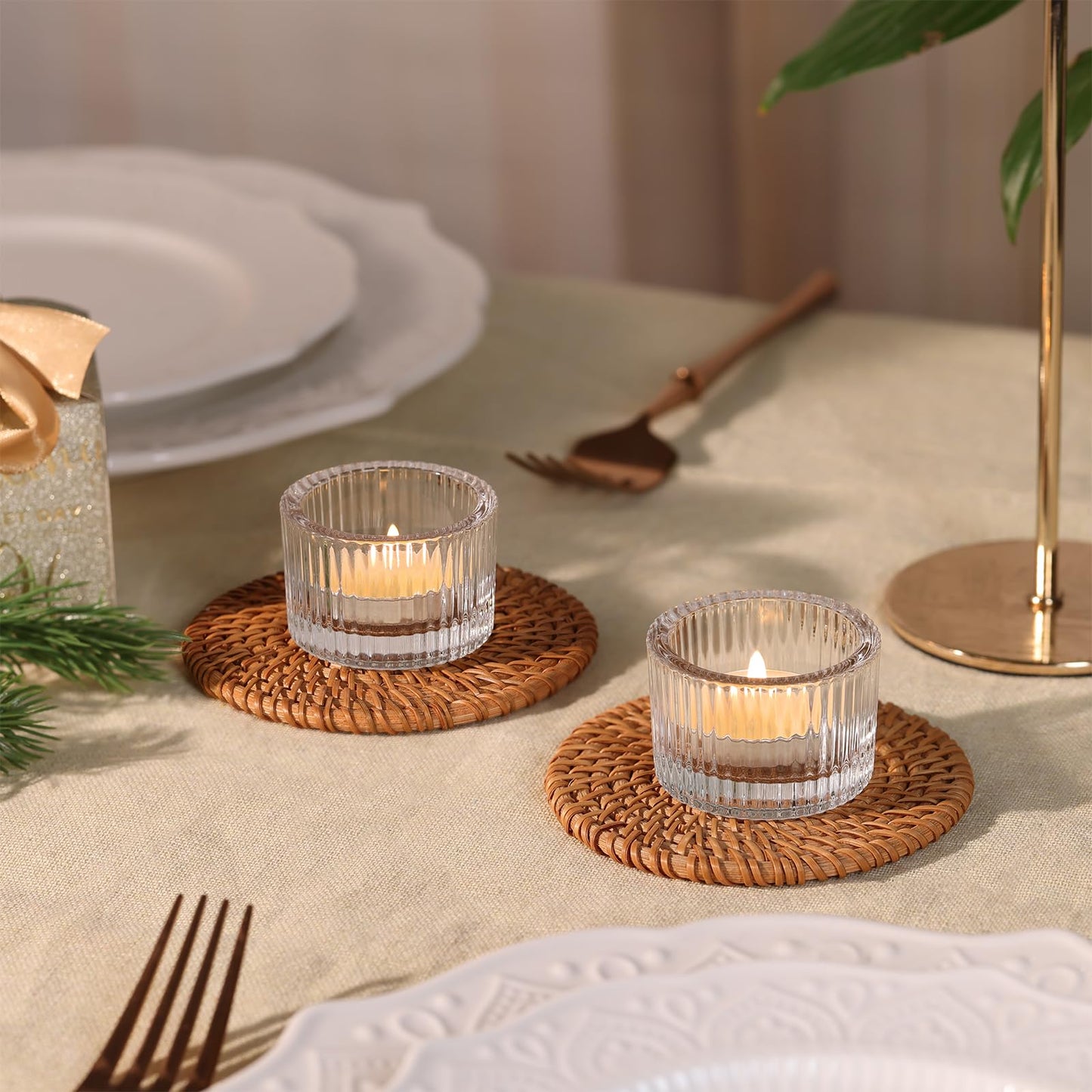 NITIME 30Pcs Clear Tealight Candle Holder with 32pcs Tea Light Candles, Ribbed Votive Candle Holders Glass for Table Centerpiece, Wedding Decor, Home and Holiday Decor