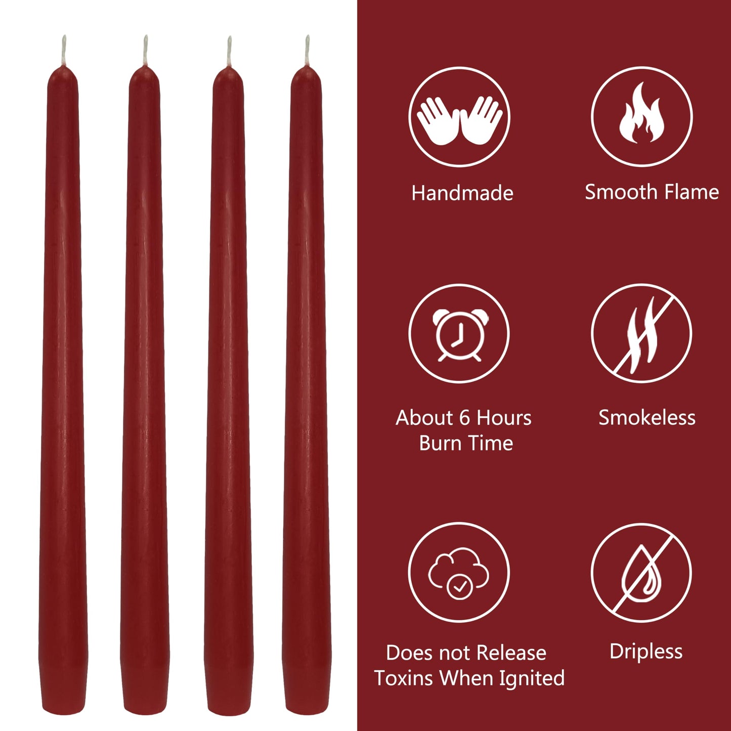 Deep Red Taper Candles Set of 4, 10 Inch Handmade Candle Stick, Unscented Candlesticks, Tapered Candles for Wedding Dinner Table Home Decor