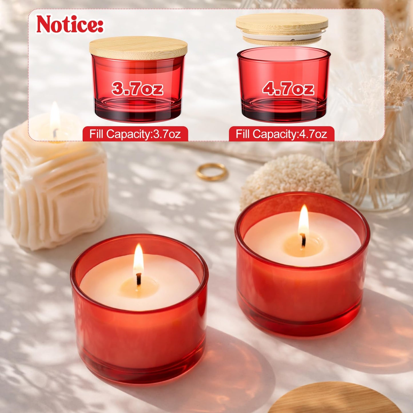 Acellegic 30 Pack 4.73 OZ Thick Candle Jars for Making Candles, Candle Jar, Wide Mouth Glass Empty Jars with Bamboo Lids for Making Candles, Bulk Container Dishwasher Safe (Red)