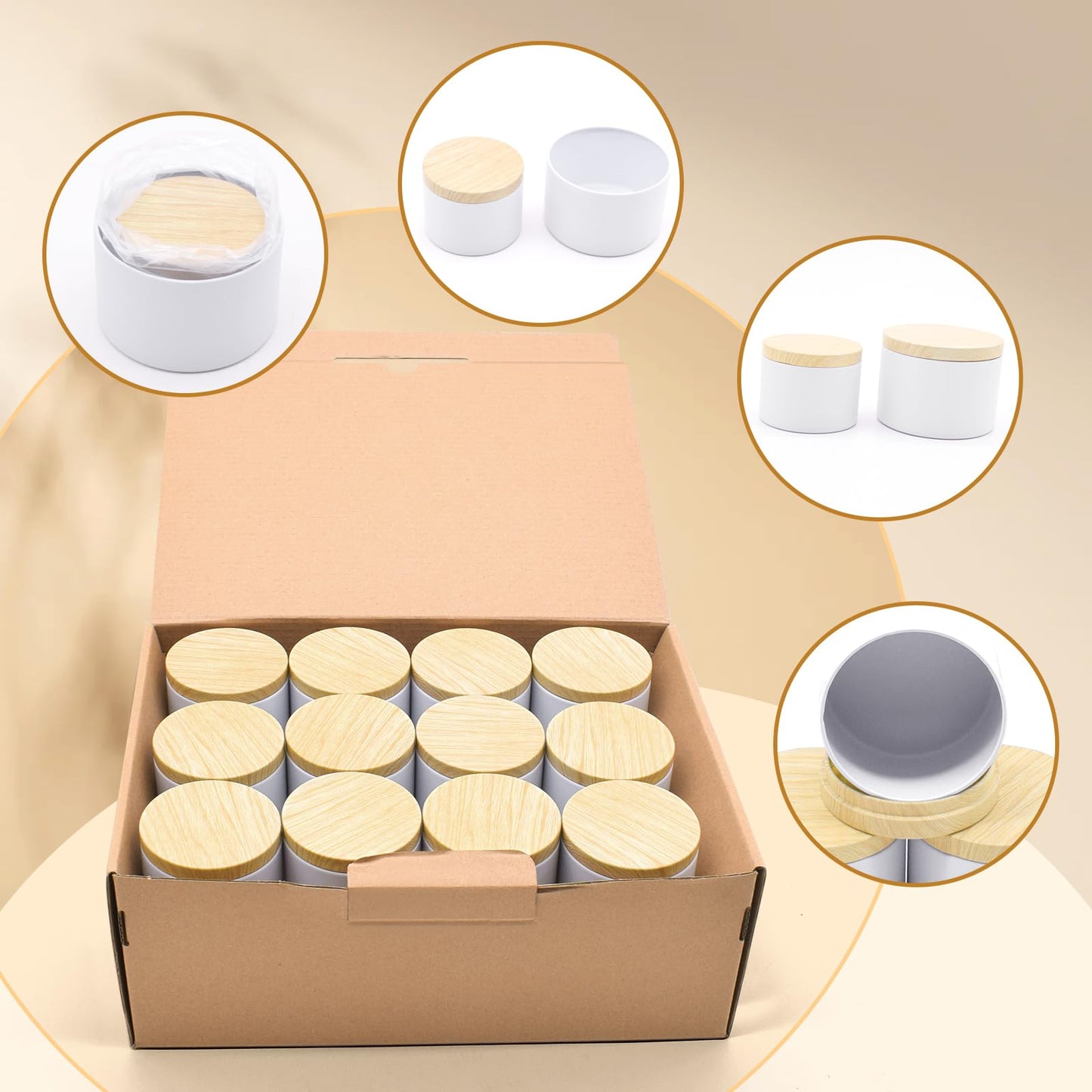 YJHSS 48-Pack Candle Jars, 24pcs 8oz + 24pcs 4oz Candle tins with Metal Wood-Grain Printing Lids, Empty Candle Jars for Making Candles Bulk Candle Containers-White