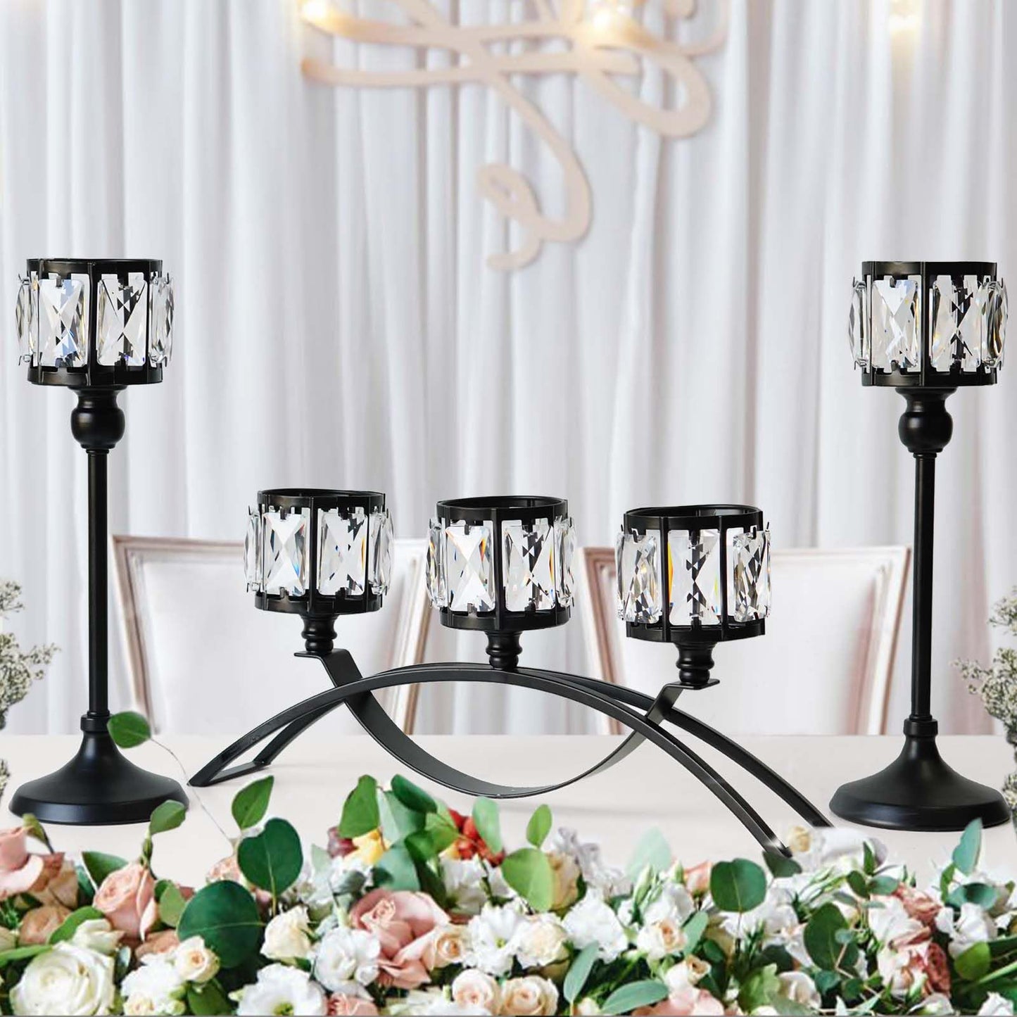 3 Arms Crystal Bowl Tealight Candelabra Votive Candle Stand, Wedding centerpieces for Tables Crystal Candlestick，Centerpiece Table Decorations (Set of Black)