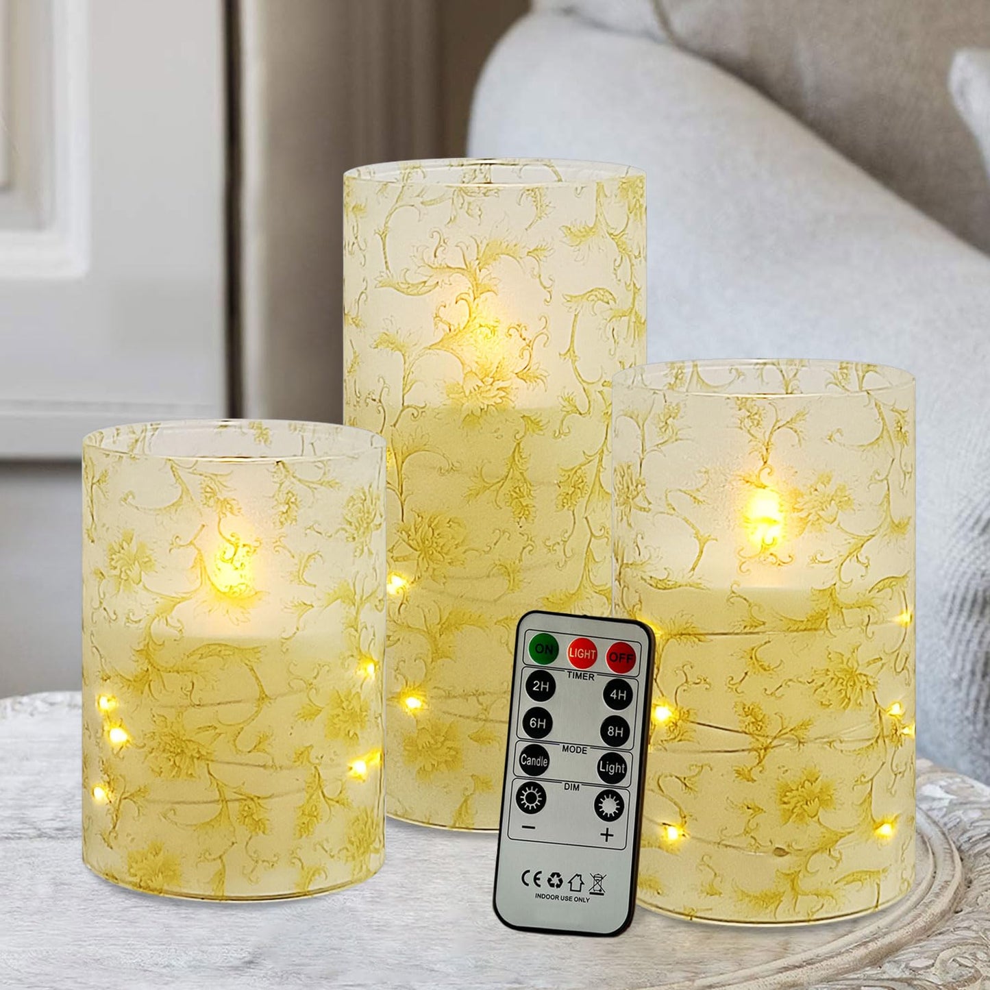 NjaoHoo Flickering Flameless Candles, Recessed String Light LED Candles 3D Wick Acrylic Battery Operated LED Pillar Candles with Remote and Timer for Modern Simple Home Decor Set of 3(Gold Flower)
