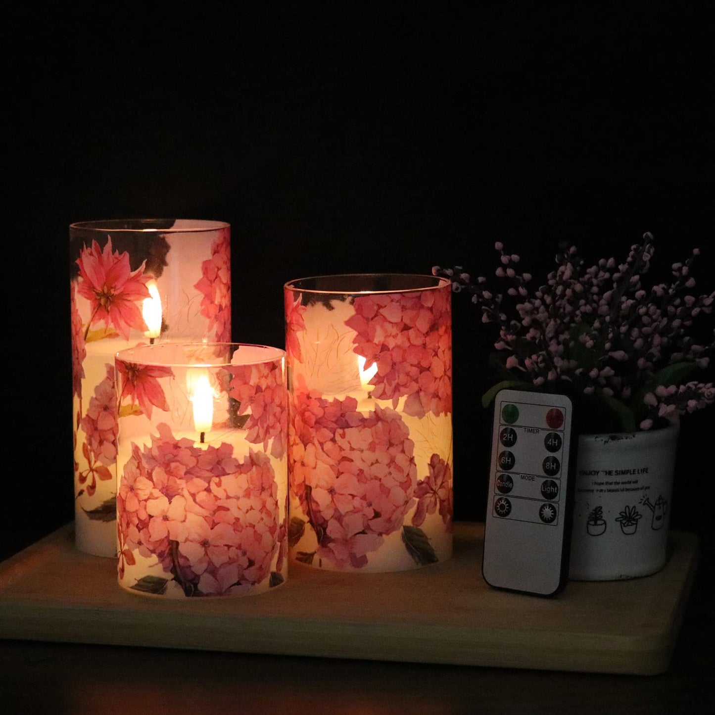 DRomance Pink Hydrangea Glass Flameless Candles with Remote Timer Battery Operated LED Pillar Candles Realistic 3D Wick Flickering Real Wax Wedding Dinner Holiday Decor Candle 3 x 4,5,6 Inches
