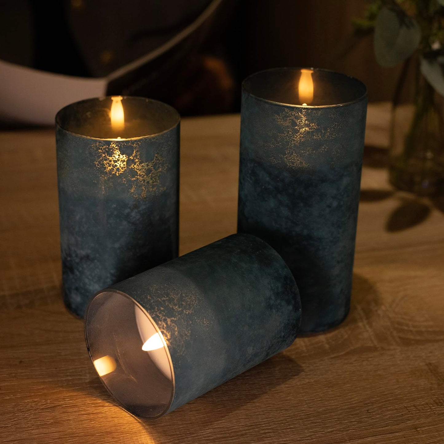 ANGELLOONG Blue Flameless Candles with Remote, Flickering Led Candles with Timer, Electric Pillar Candles for Bathroom Kitchen Room Home Decor, Sandblast Blue