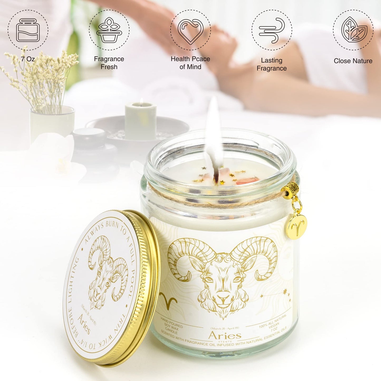 YTENTE Aries Zodiac Sign Candles Gift, Zodiac Birthday Crystals Candles Jar, Astrology Lavender Scented Soy Stones Candles Best Friends Gifts for Women Men Sister Brother Funny Birthday Gift…