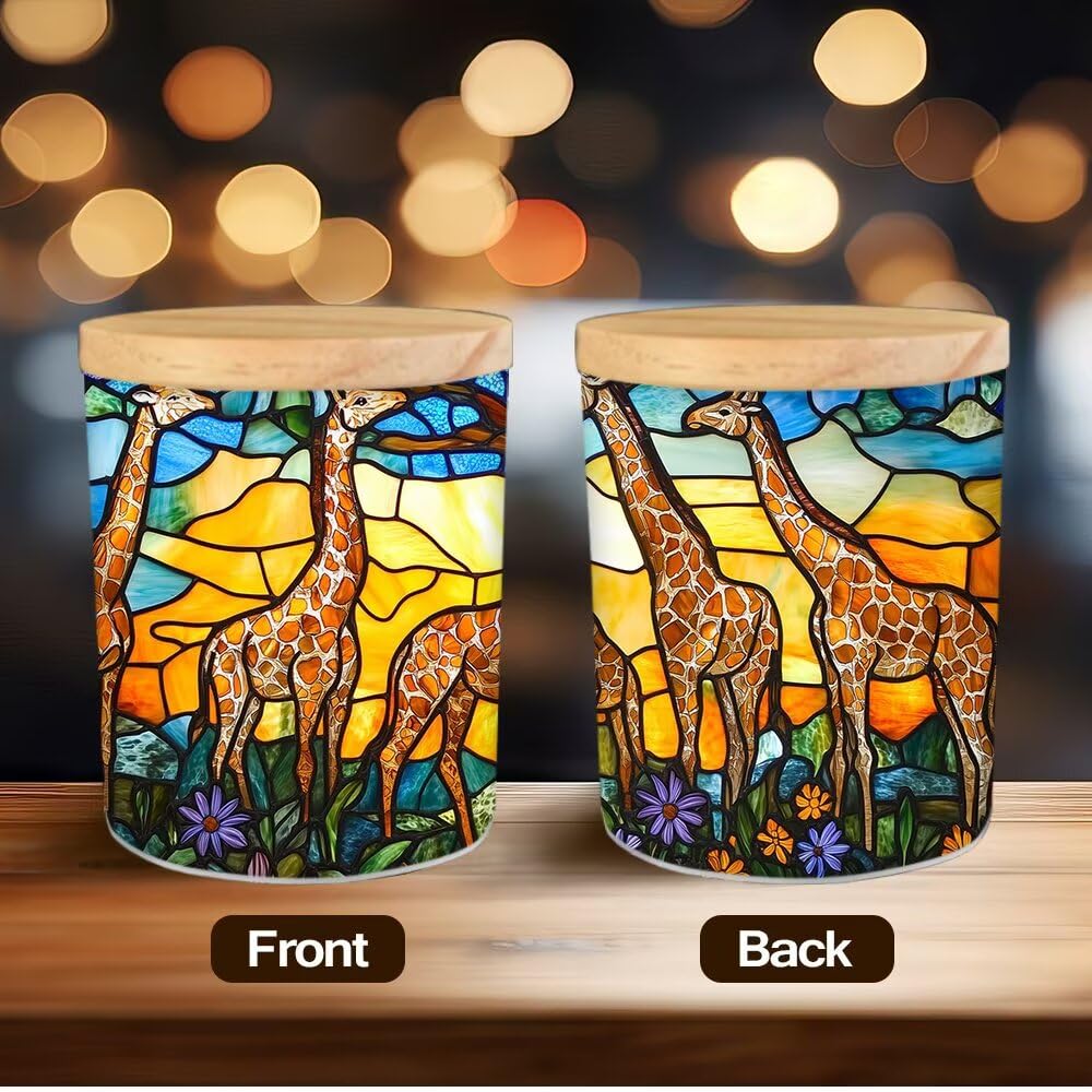 Stained Glass Giraffes Tea Light Candle Holders, Wildflowers Tealight Candle Holder Jar with Wooden Lid, Tree Votive Candlesticks for Table Centerpieces, Christmas,Birthday Party,Home Decor