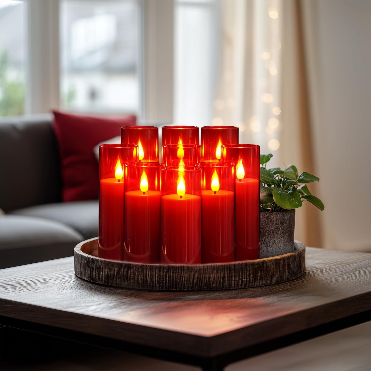 Amagic Christmas Red Flameless Candles, Battery Operated Candles with Remote and Timer, Acrylic Flickering LED Candles for Thanksgiving Decor, D2.2''xH5''6" 7", Set of 9