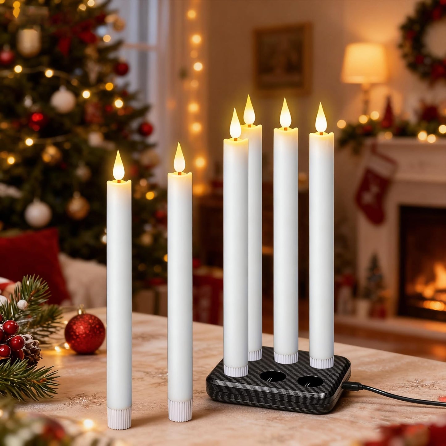 GenSwin Rechargeable Flameless Taper Candles with Charging Base, 6 Pack White LED Taper Candles Battery Operated with 2 Remote Timer, Real Wax Flameless Candlesticks for Holiday Christmas Home Decor