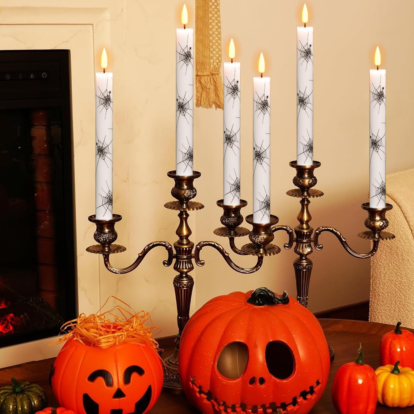 Wondise Halloween Flameless Taper Candles with Remote & Timer, 4 Pack Spider Web Halloween Candles Battery Operated Real Wax LED Flickering Candlestick for Halloween Table Decorations, 02020051
