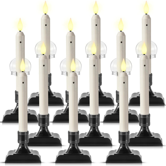 Yungyan 12 Set 8.8 Inch Christmas Window Candles with Sensor Dusk to Dawn Bulk Battery Operated Window Lights with Suction Cups and Holders Flameless LED Taper Candles for Xmas Home Decor(Roman Style)