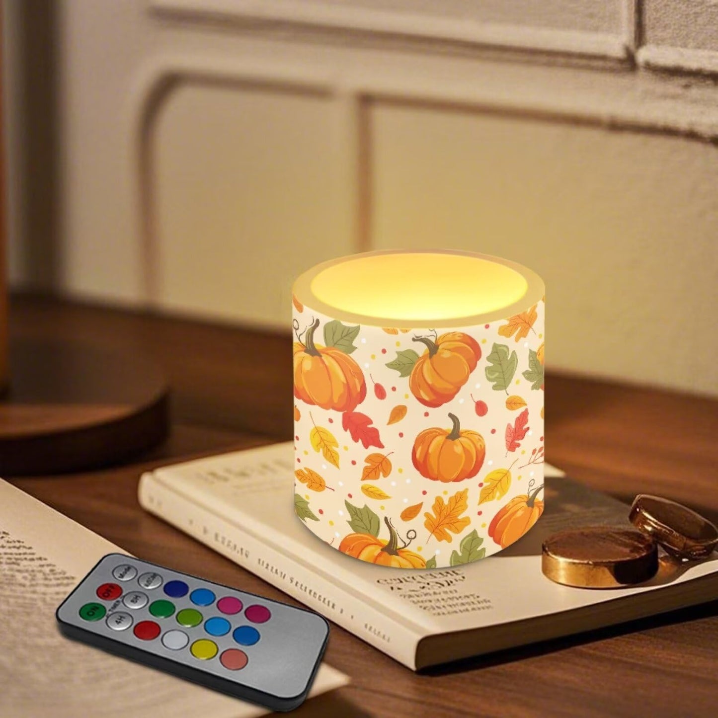 Cozeyat Pumpkin Harvest Dining Room Flameless Candles 4 Pack Battery Operated with Remote Control Timer LED Pillar Candles Waterproof for Indoor Outdoor Use