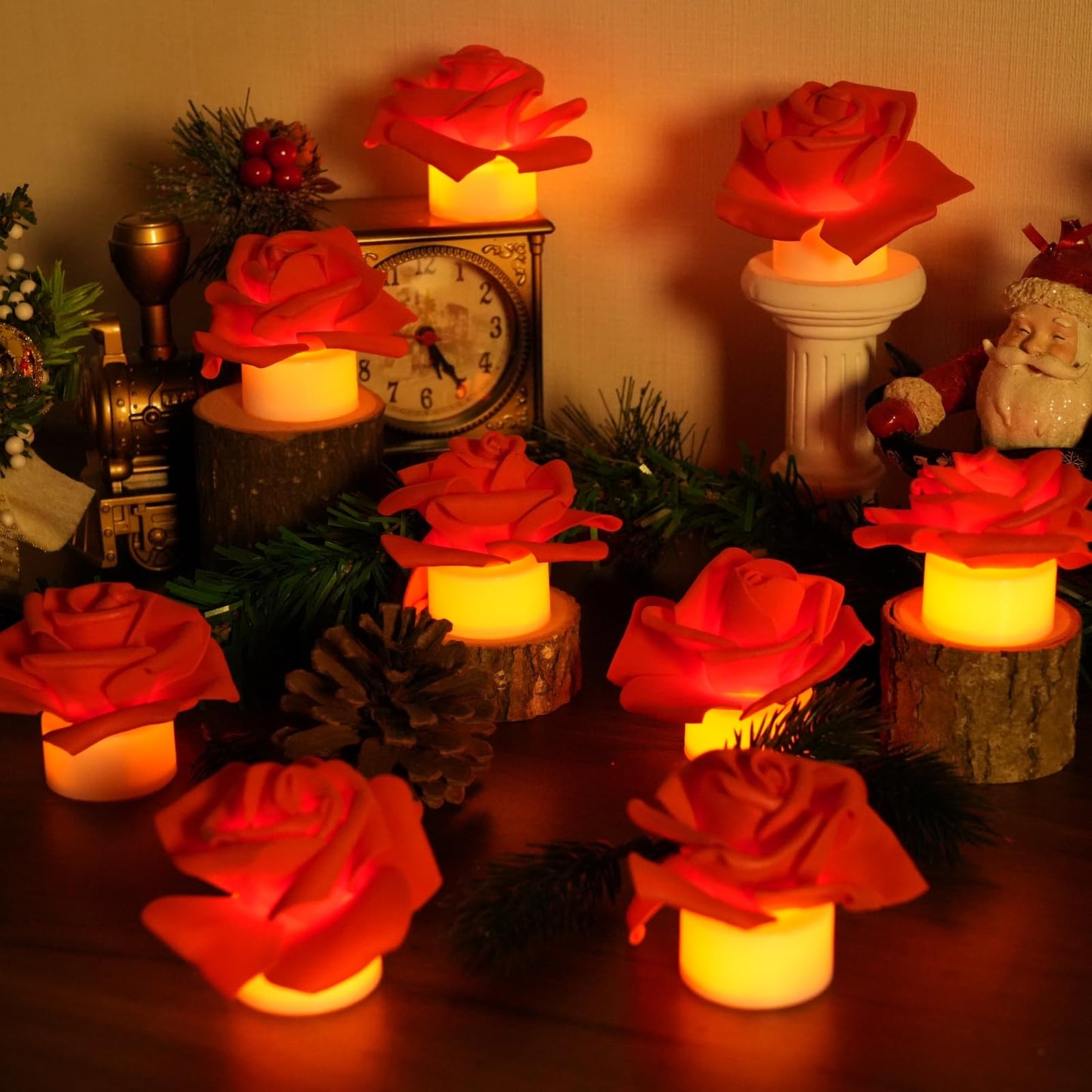 SupBri 12 Pack Flower Led Tea Lights, 200+Hour Battery Operated Candles for Wedding Table Centerpieces, Party Anniversary Christmas (Red)