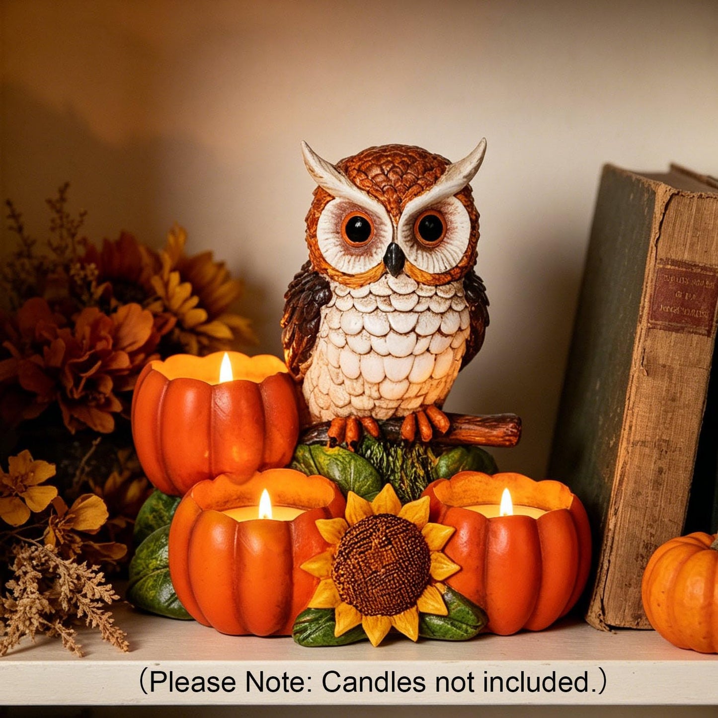 Fall Owl Candle Holder with 3 Pumpkin Tealight Holders & Sunflower, Rustic Owl Statue Thanksgiving Table Centerpieces Autumn Decorative Candle Holders for Home, Farmhouse