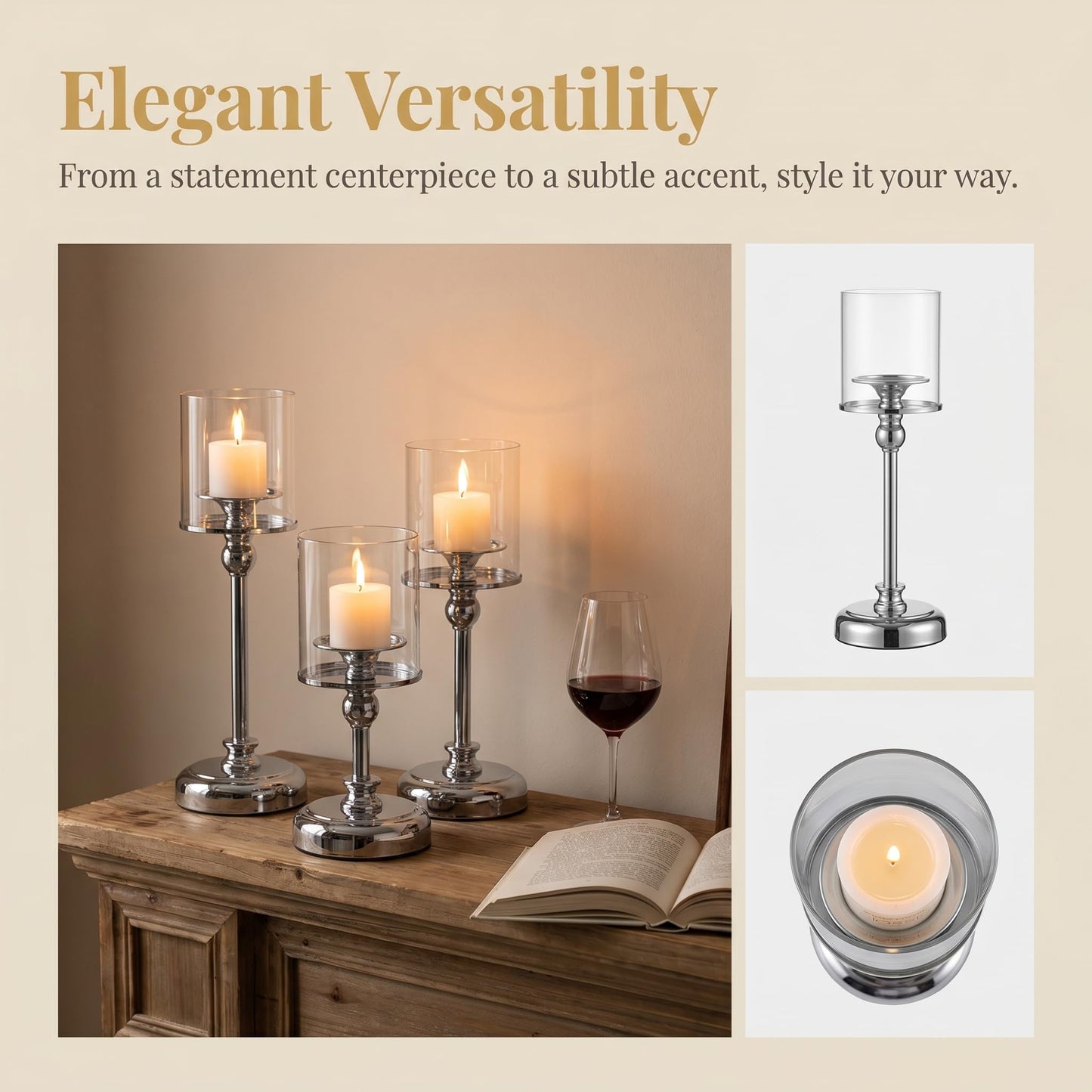 Oakernel Sliver Hurricane Candle Holders - Set of 3 Tall Candlestick Holders Windproof Taper Candle Holders, Metal Stand for Table Centerpiece Outdoor Indoor Wedding Party Holiday Decor