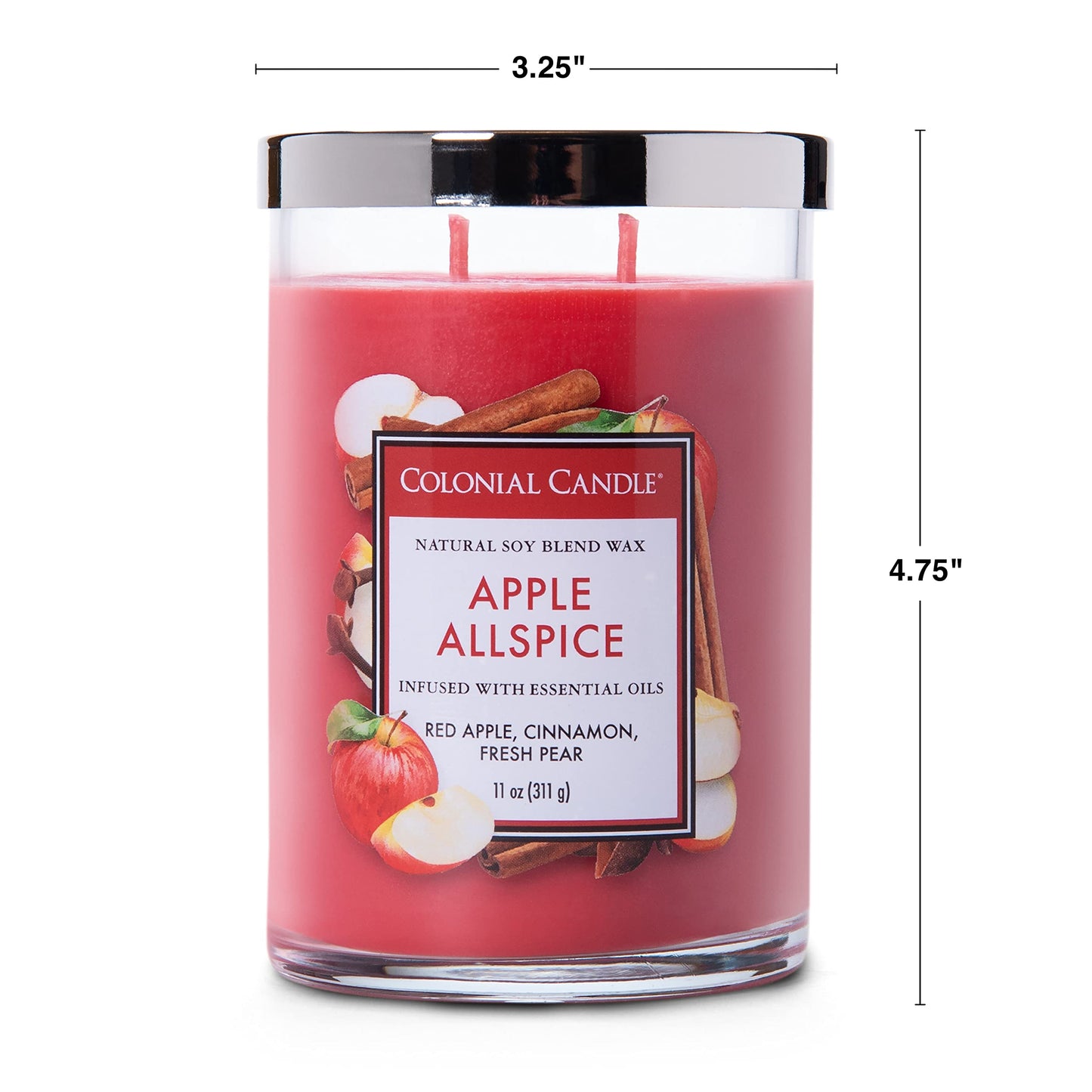 Colonial Candle Apple Allspice Scented Jar Candle, Classic Cylinders Collection, 2 Wick, Red, 11 oz - Up to 80 Hours Burn