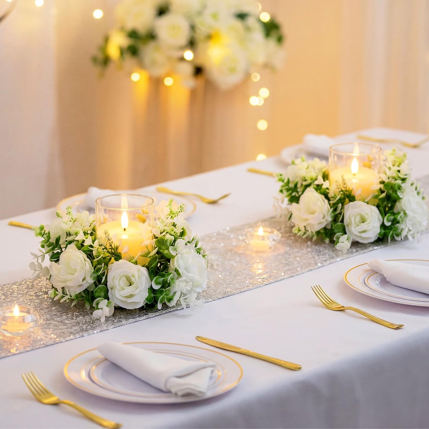 Yunlly 4 Pcs White Rose Candle Wreaths Rings Roses and Green Leaves Candle Holder Rings with LED Flameless Candles, 9.5" Wide for Wedding Windows Table Centerpieces