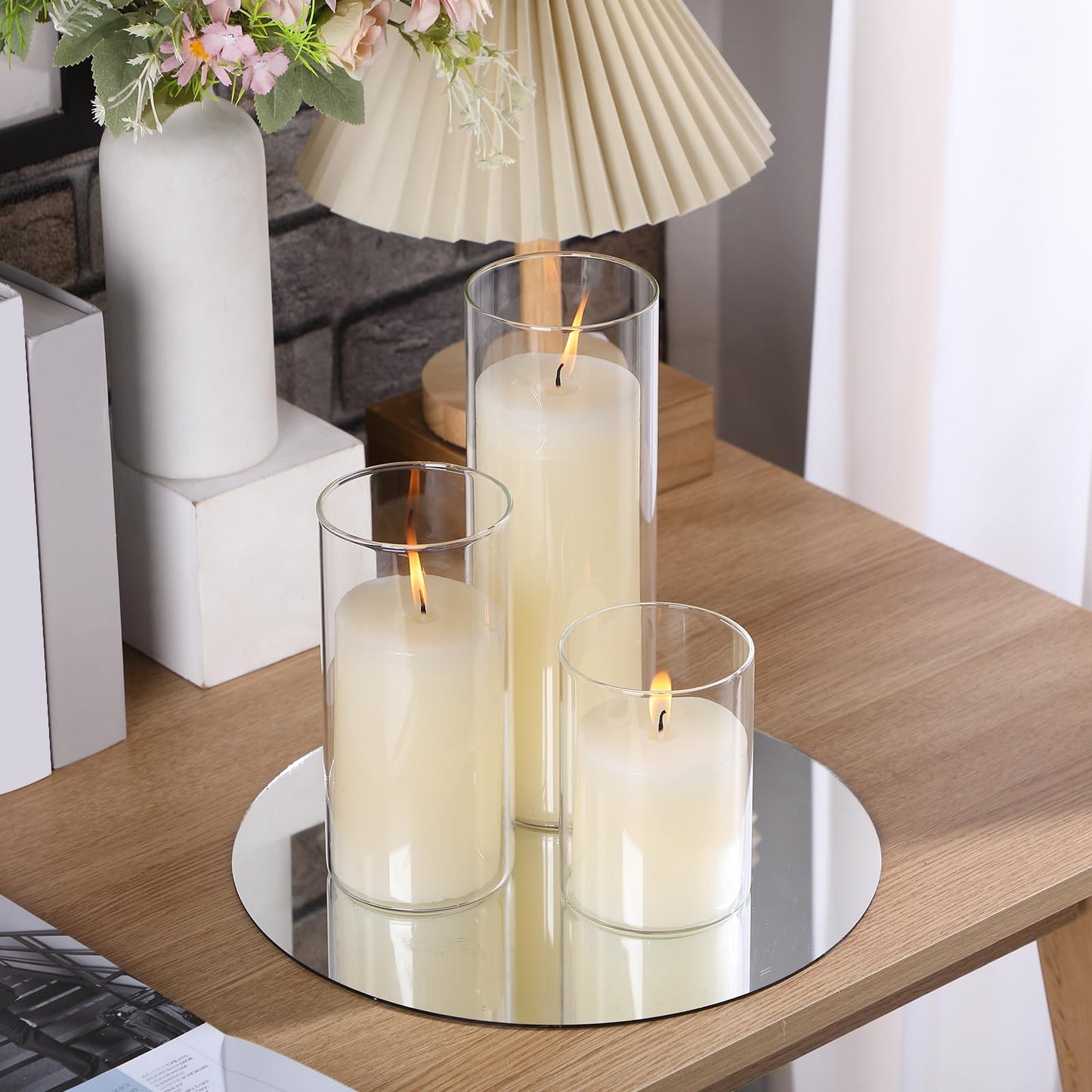 Shihanee Set of 3 Pillar Candles and 3 Glass Cylinder Candle Vases Holders Clear Pillar Jars for Wedding Centerpieces(3'' x 5.9'', 7.9'', 9.8'',Ivory White)