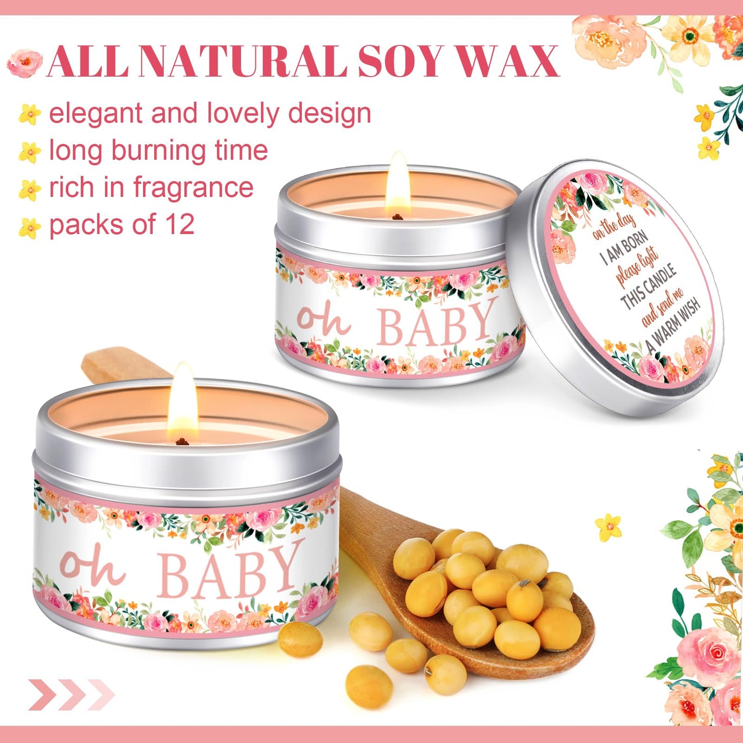 Funtery 12 Pcs Baby Shower Party Favors for Guests Baby Shower Candles Lavender Scented Candle Rustic Tealights Candles Gender Reveal Return Gifts(Floral)