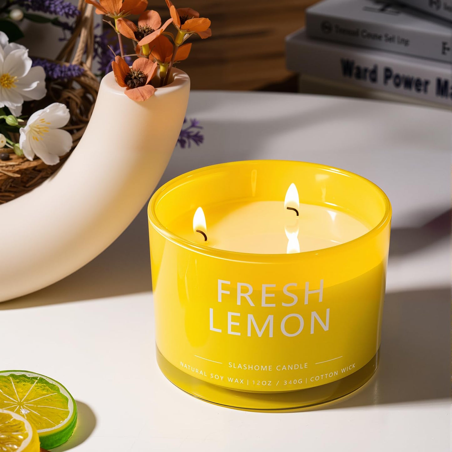 Fresh Lemon Scented Candle, Luxury Large 3 Wick Soy Candle 12 Oz, 60+ Hour Long Lasting Clean Burn, Elegant Aromatherapy Home Decor, Housewarming & Birthday Gift for Men & Women