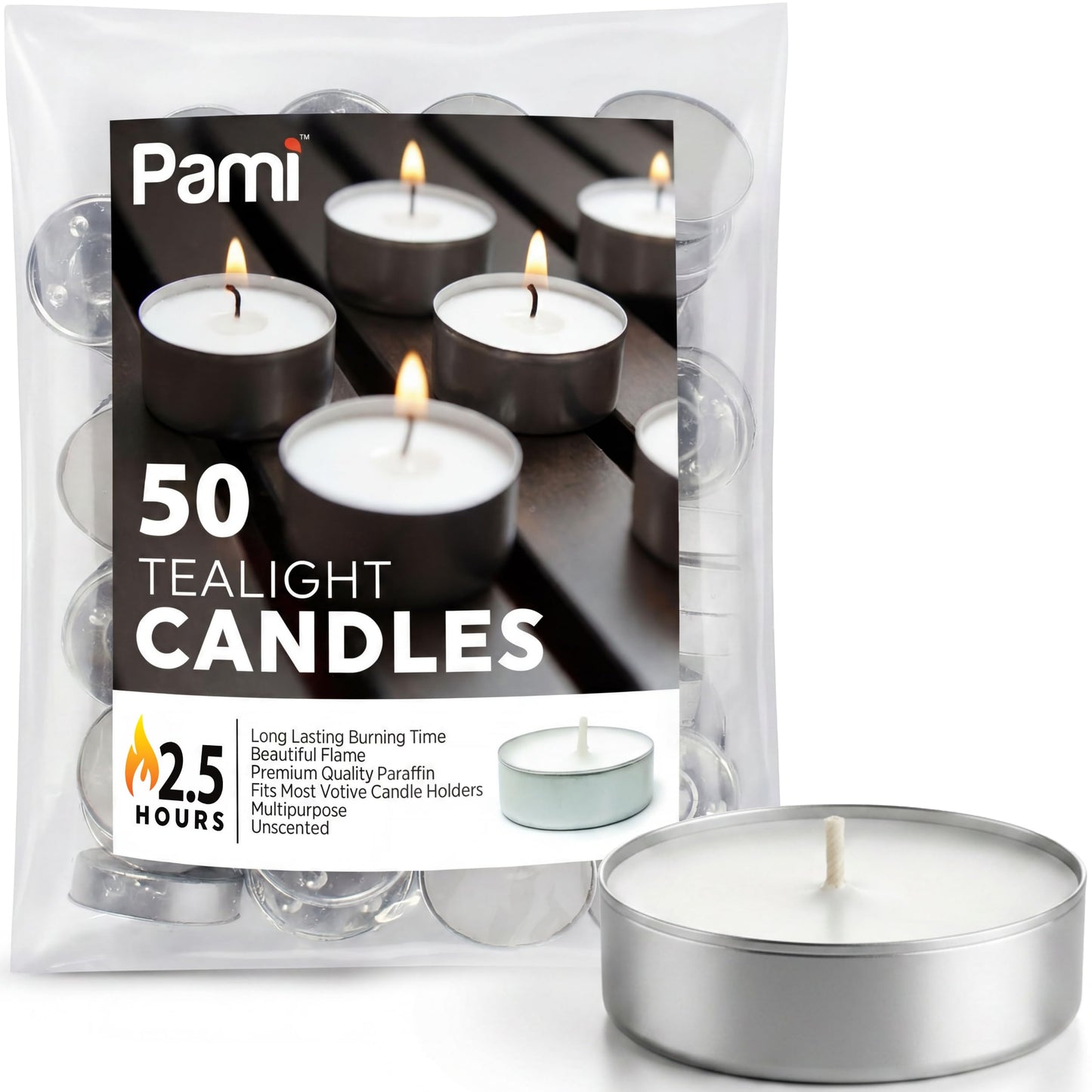 PAMI Unscented Paraffin 1in Tea Lights, Small Round Candles, 2.5 Hours Burn Time, Perfect for Votive Holders (50-Piece Bag White)