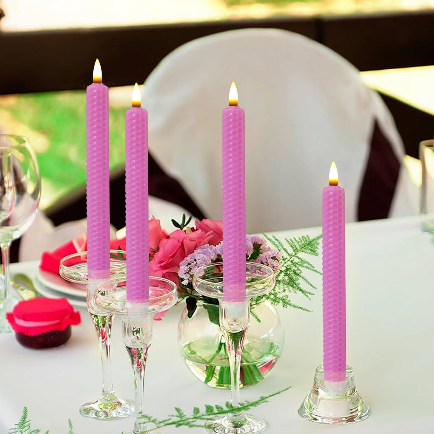 Gedengni Beeswax Honeycomb Flameless LED Taper Candles, 9.5 Inch Flickering Wax Candles with Remote & Timer, Pink Battery Operated Dripless Tapered Candle for Home Wedding Decor, 4 Pack