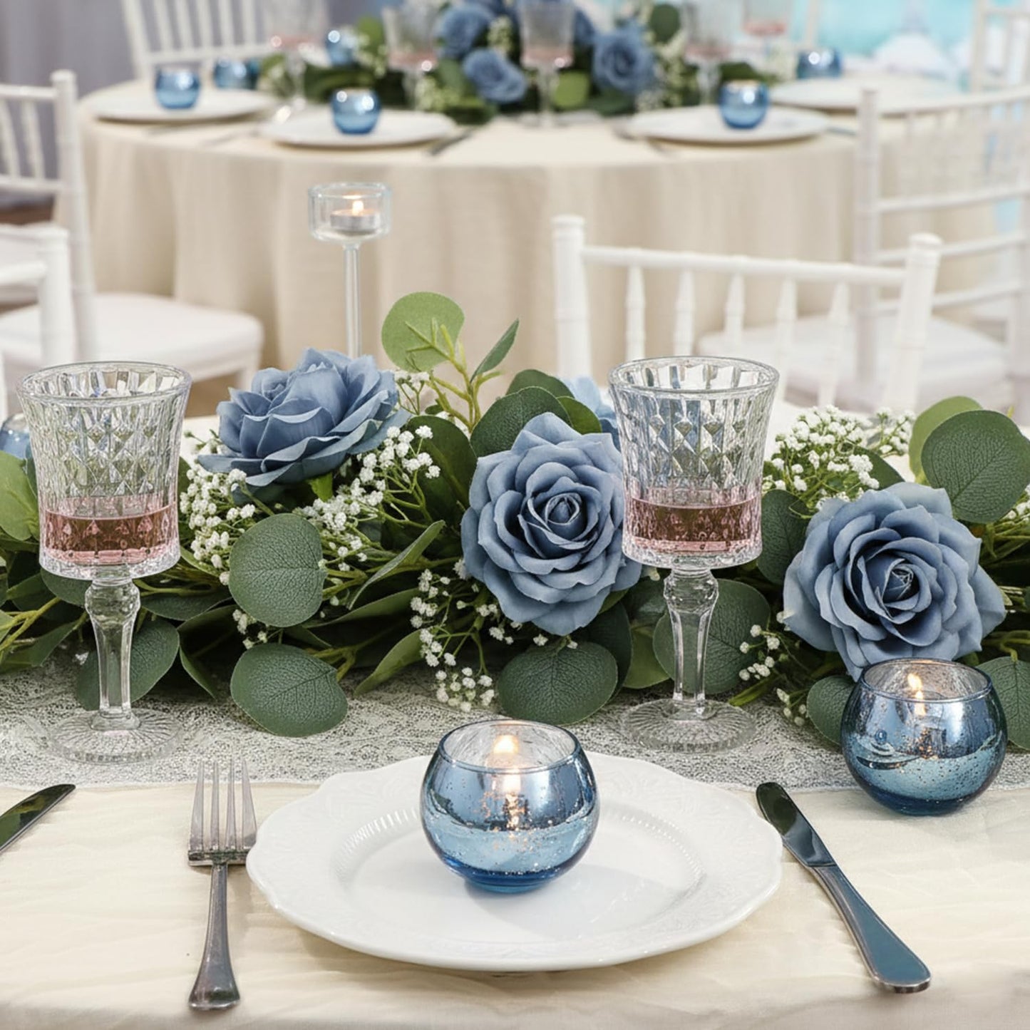 LAMORGIFT 36 Pcs Blue Votive Candle Holders - Mercury Glass Tealight Holders for Dusty Blue Wedding Decor, Centerpiece Table Decorations