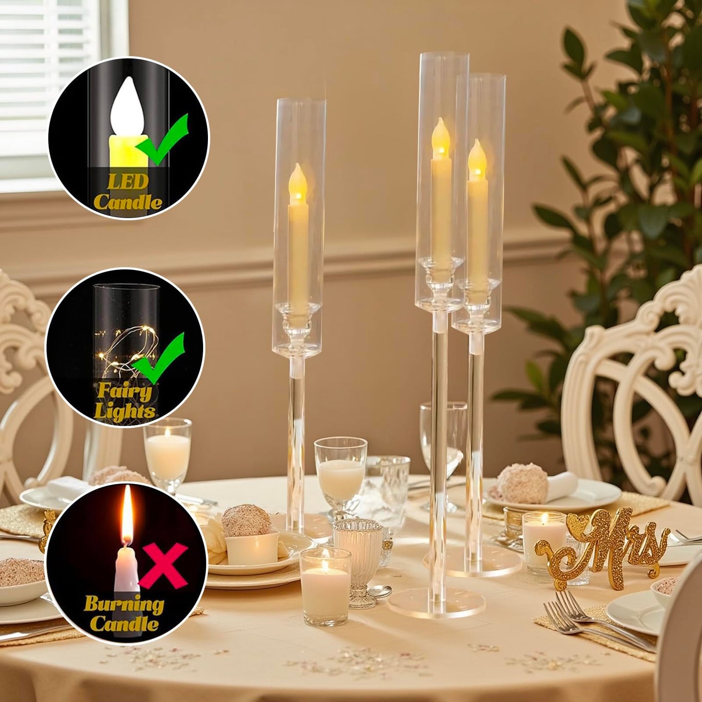 Vincidern 6pcs Clear Taper Candle Holder Set, Centerpieces for Tables, Acrylic Candlestick Holder for Dining Table, Wedding, Party, Holiday, Home Decor