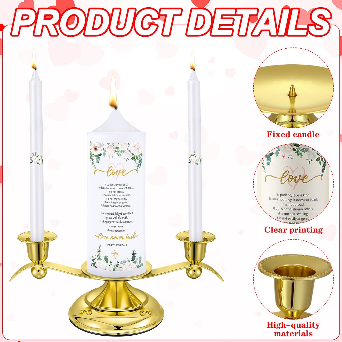 Landhoow 3 Unity Floral Candles for Wedding Ceremony Set with Golden Holder White Pillar and Taper Candles Religious Wedding Catholic Anniversary Big Events Gifts for Couple