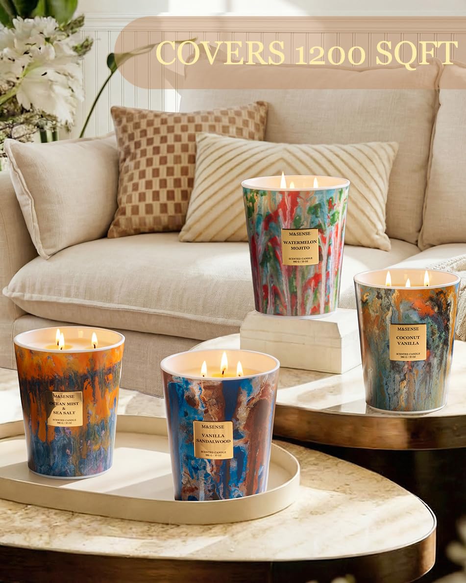 M&SENSE Large 3-Wick Coconut Vanilla Scented Soy Candle, 35oz 150 Hours Non-Toxic, Summer Candles Party Essential Spa Home Fragrance & Decor