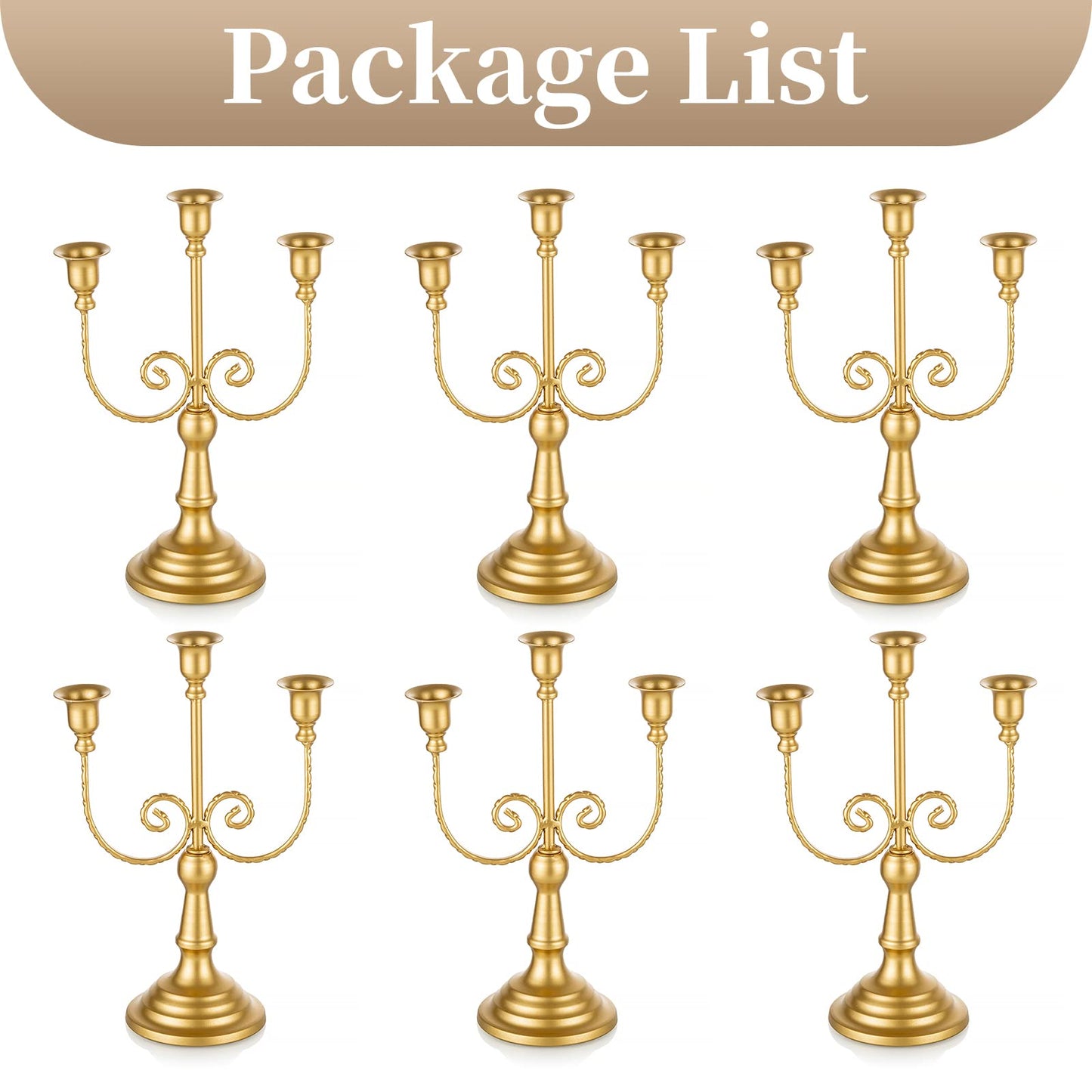 Sziqiqi Gold Taper Candle Holder for Centerpiece - 3-arm Candlesticks Holder for Wedding Table Centerpieces Metal Candle Stick Holders for Fireplace Mantle Set of 6