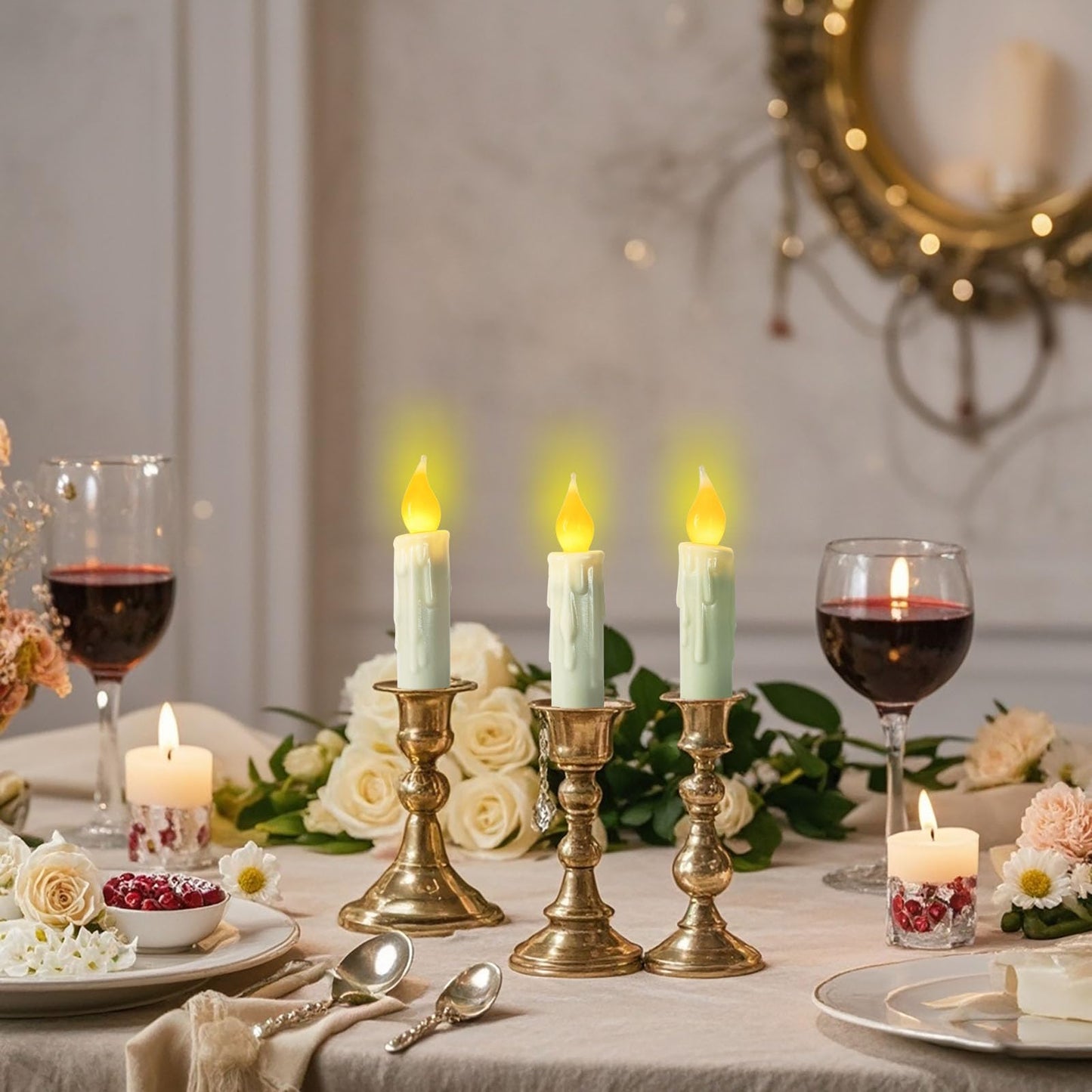 Short Taper Candles Battery Operated with Timer Real Wax Hand Dripped Flameless Taper Candles,4 Inch Ivory LED Candlesticks Flickering Country Primitive Christmas Halloween Decorations,Set of 3 PCS