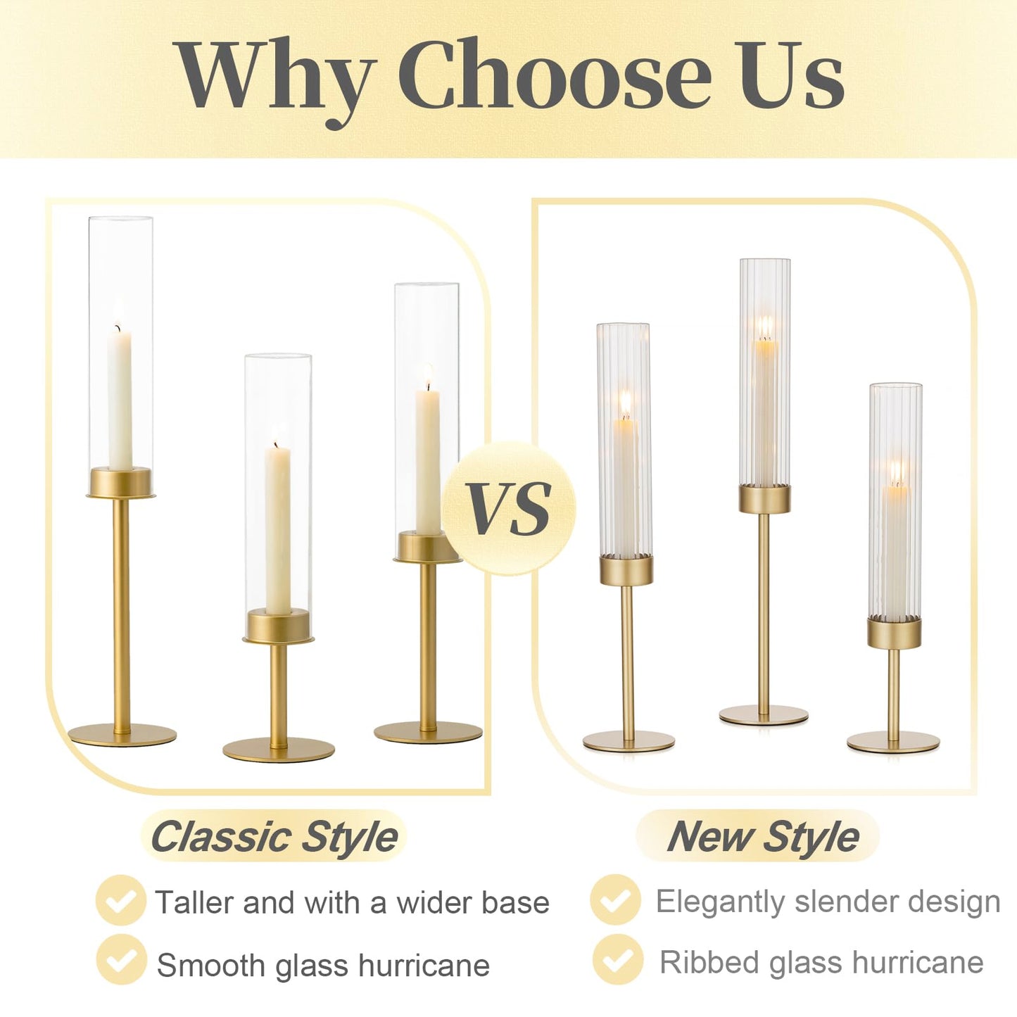 Hewory Gold Candle Holders, 12Pcs Brass Hurricane Candlestick Holders with Glass Candle Cover for Wedding Table Centerpiece Christmas Decor