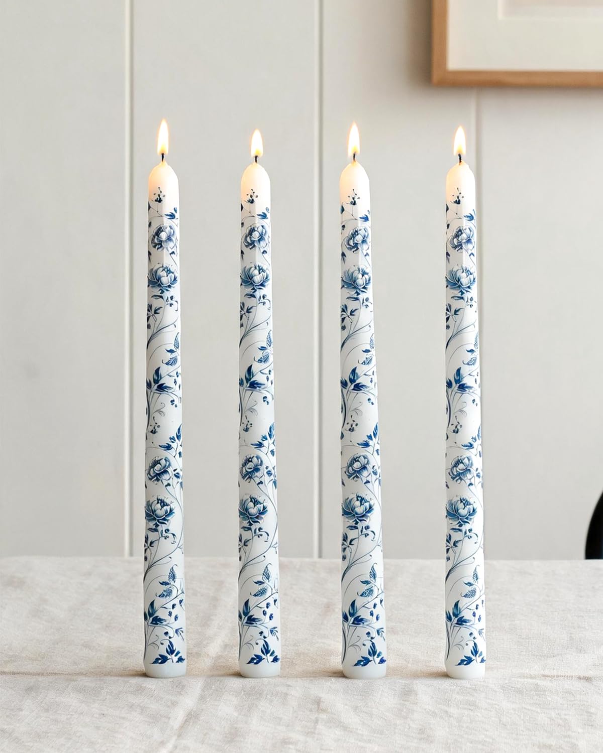 MAITREYA Chinoiserie Taper Candles Blue and White Chinoiserie Decor Candlesticks for Wedding Party Home Table Centerpiece Christmas Halloween Gifts-10Inch,4 Pcs,Peony