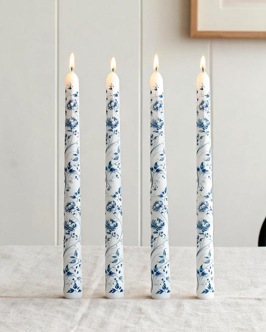 MAITREYA Chinoiserie Taper Candles Blue and White Chinoiserie Decor Candlesticks for Wedding Party Home Table Centerpiece Christmas Halloween Gifts-10Inch,4 Pcs,Peony