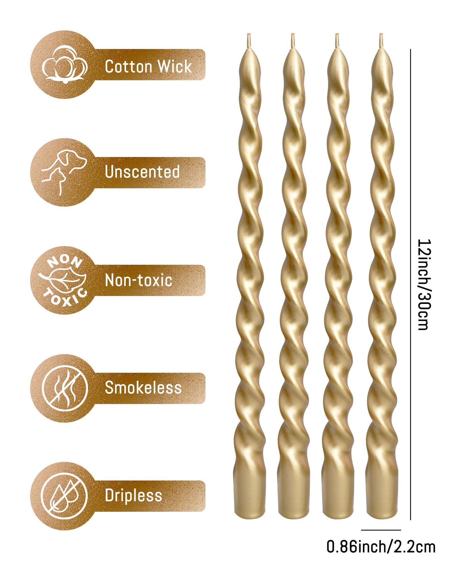Viyffo Spiral Taper Candles 12 Inch – 4 Pack Gold, Dripless, Unscented, Smokeless – 9 Hour Burn – Tall Candlesticks for Wedding, Dinner, Holiday, Party, Home Decor