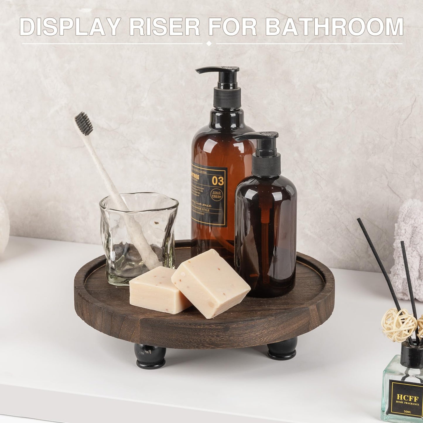 Tikea Farmhouse Wood Display Riser, 10 in. Farmhouse Pedestal Stand for Kitchen Bathroom Counter Decor, Round Display Tray for Soap Dispenser and Plant (Brown)