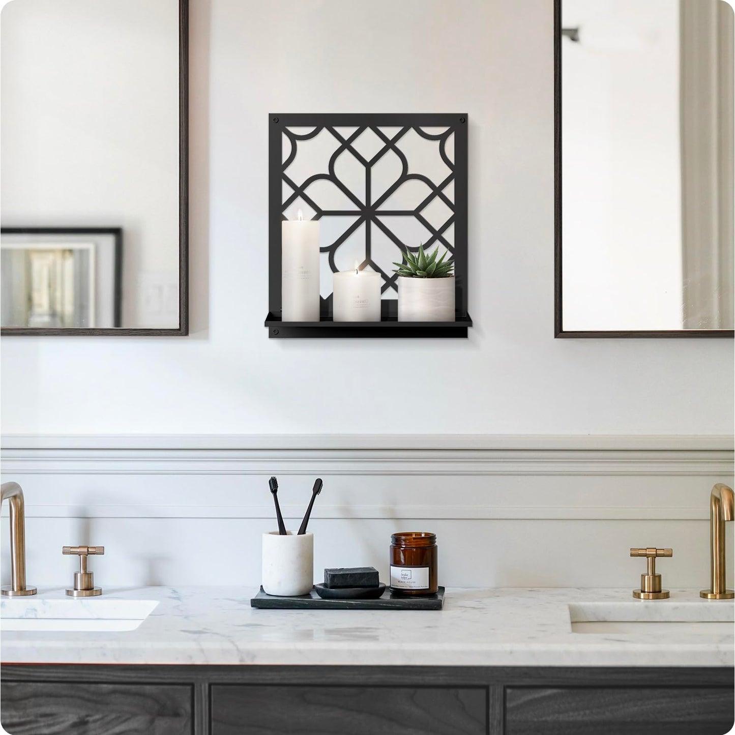 Black Metal Wall Candle Holder Set of 2, Square Rustic Farmhouse Bathroom Wall Decor, Modern Boho Aesthetics Line Art for Entryway, Hallway, Living Room, Bedroom (11.8 x 13 in)