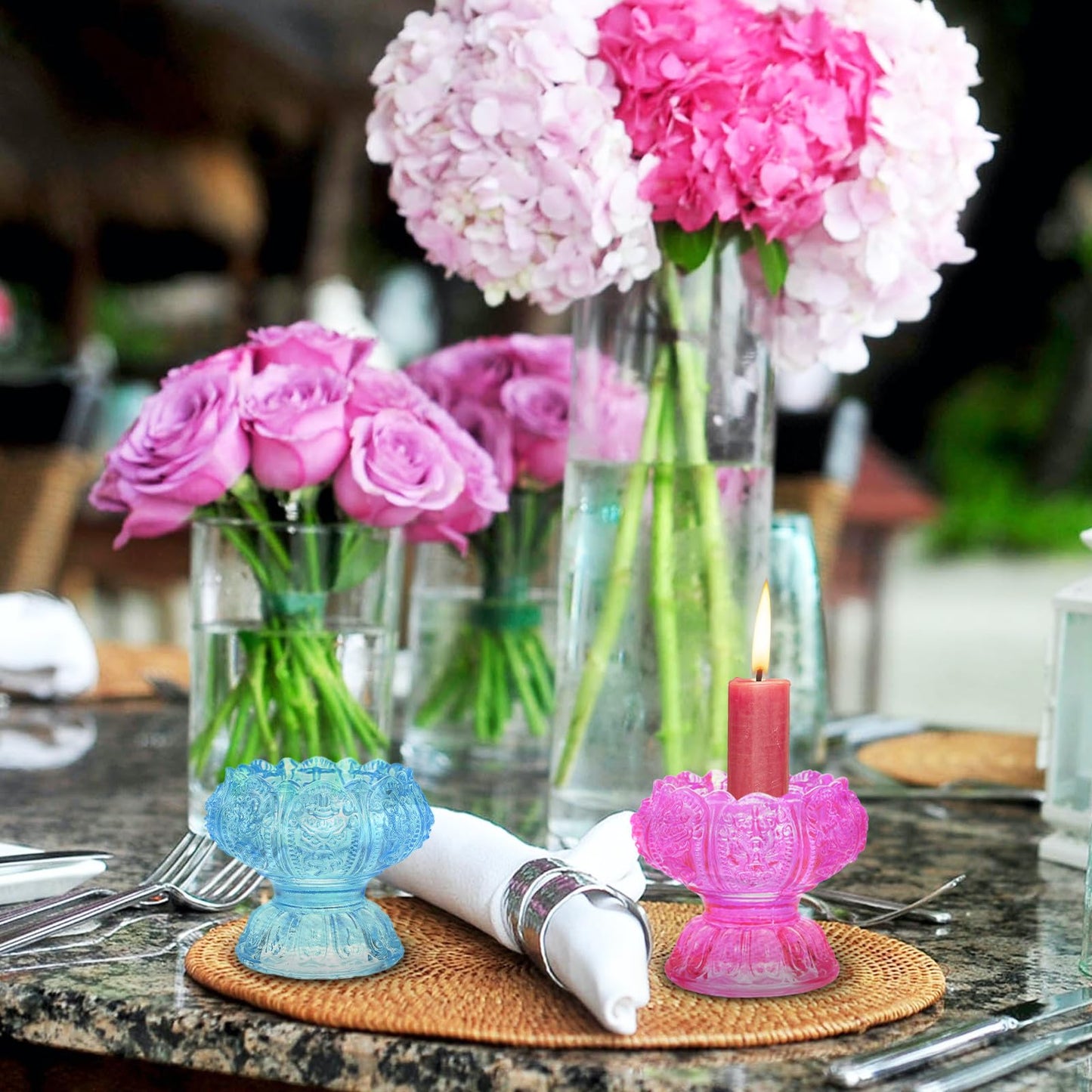 POPETPOP Butter Lamp Candleholder Set, 3pcs Small Blue Red Pink Glass Crystal High Base Candle Holders for Buddhist Rituals and Home Décor Desktop Adornment