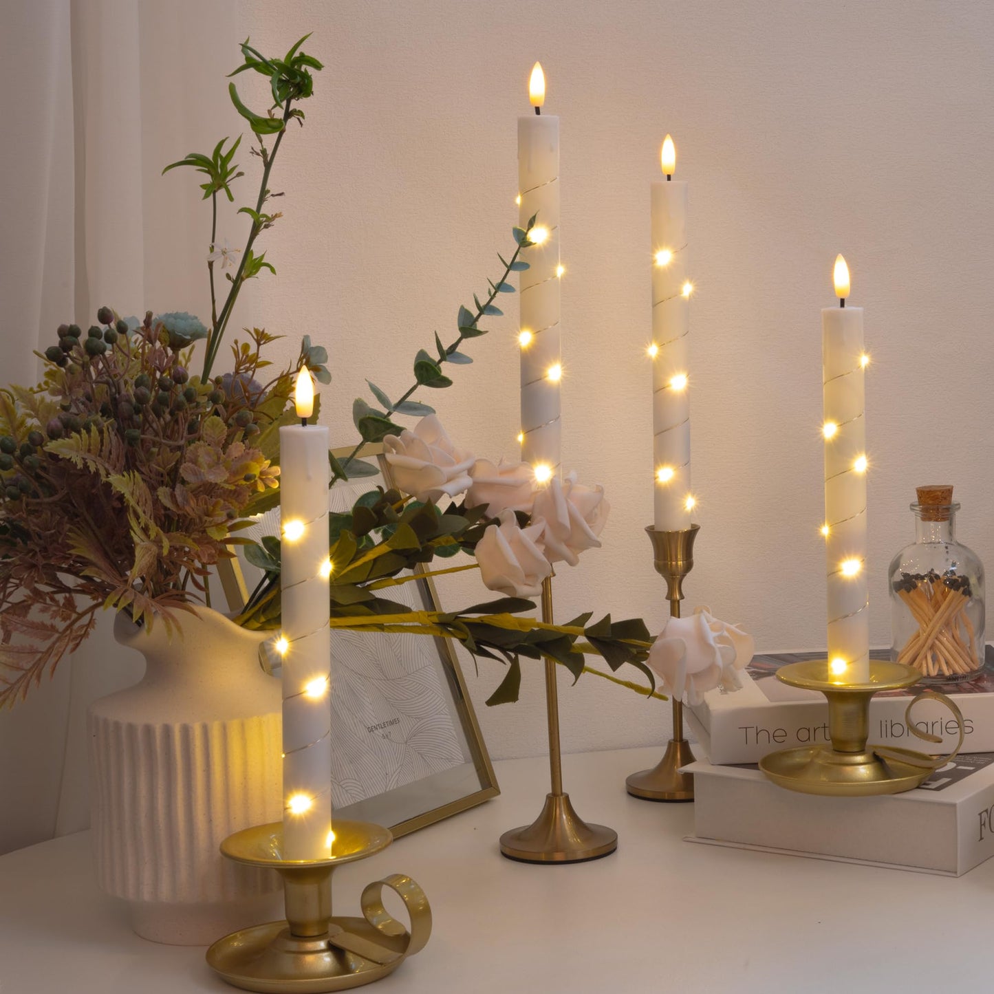 Flameless Taper Candles with Remote for Wedding Decorations，3D Flickering Flame Battery Operated LED Plastic Candles Arounded with Starlight String, Romantic Home Decoration, Pack of 6, White