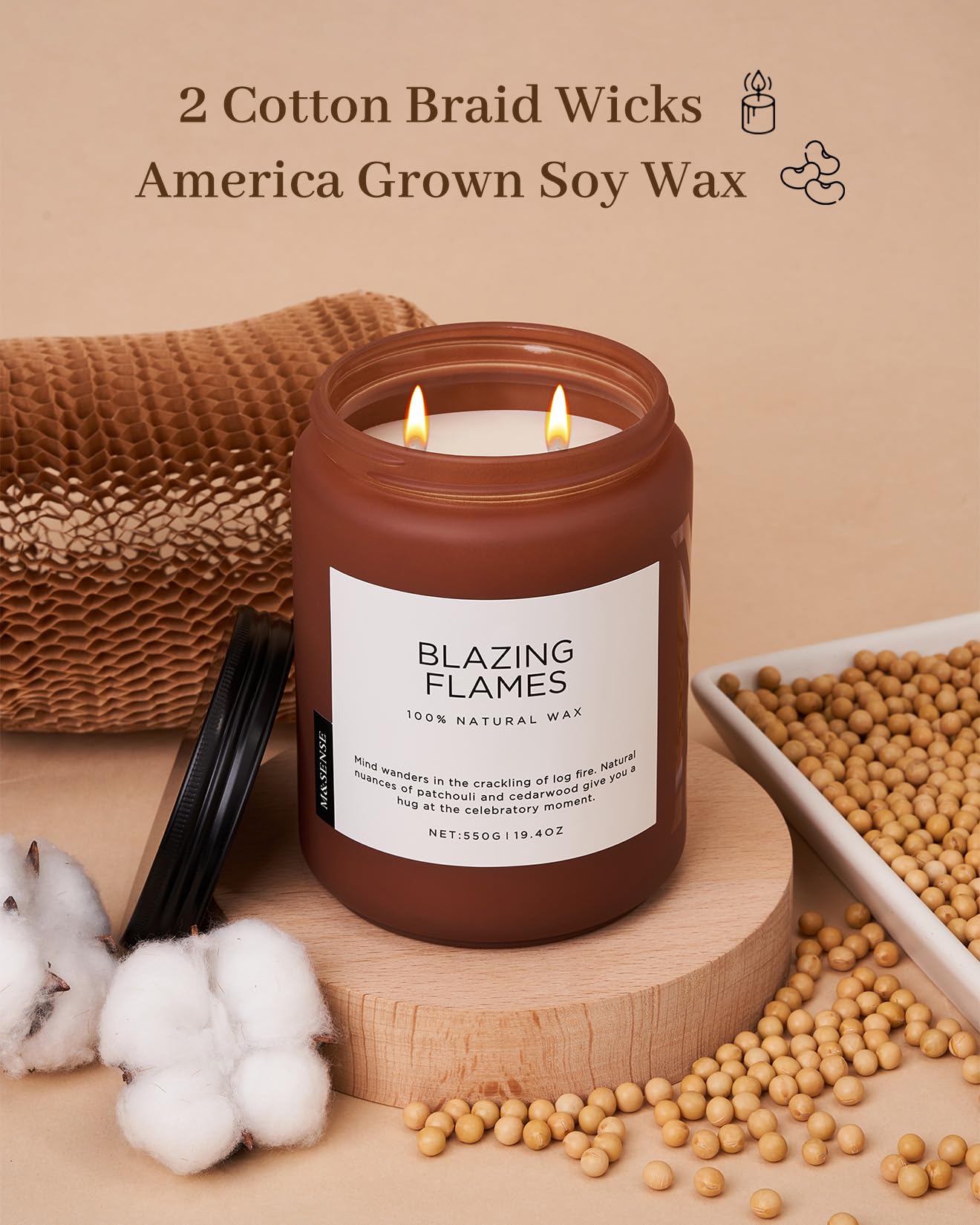 M&SENSE Blazing Flames Scented Candles, Soy Wax 19.4oz 110 Hours Long Lasting Clean Burn, Warm Woods Aromatherapy Candles for Relaxation Large Candle Birthday Holiday Gifts for Men Women