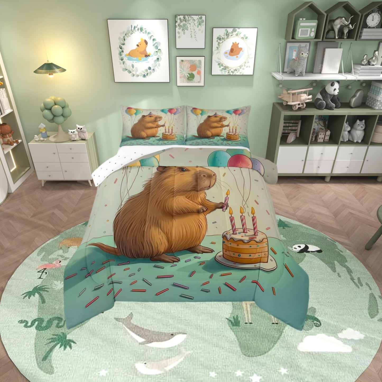 Erosebridal Cute Beaver Toddler Size Bedding Set for Kids, Wild Animal Comforter Set for Bedroom, Wildlife Down Comforter, Happy Birthday Cake Candle Balloon Duvet Insert