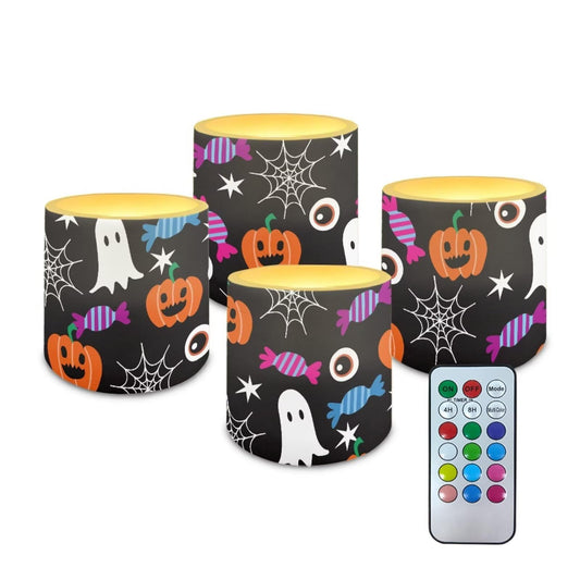 Merkmak Flickering Flameless Candles with Remote Battery Operated Candles with Timer Halloween Pumpkin Ghost Design LED Pillar Tea Lights for Party Banquet Home Decorations