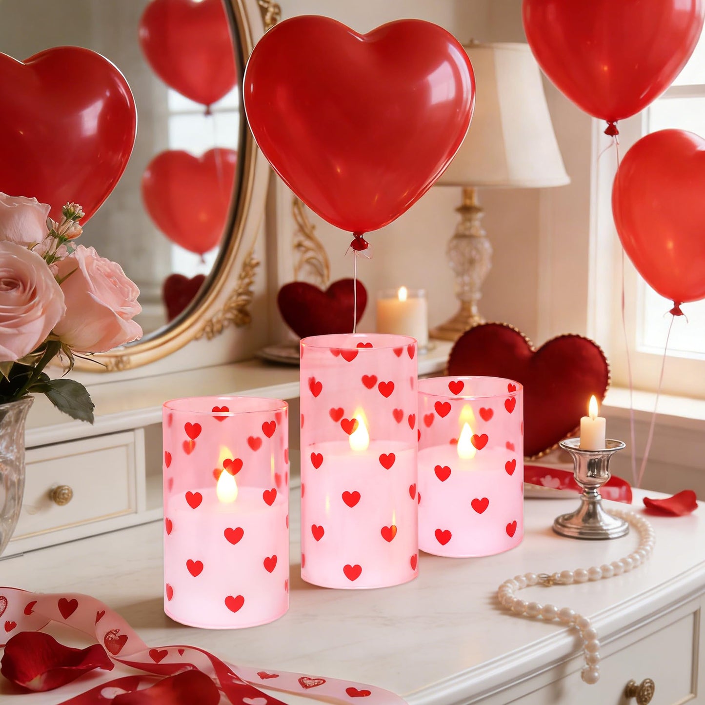 Valentines Flameless LED Pillar Candles, Battery Operated Red Heart Candles, Glass Pink Candles for Woman Gifts and Home Decor