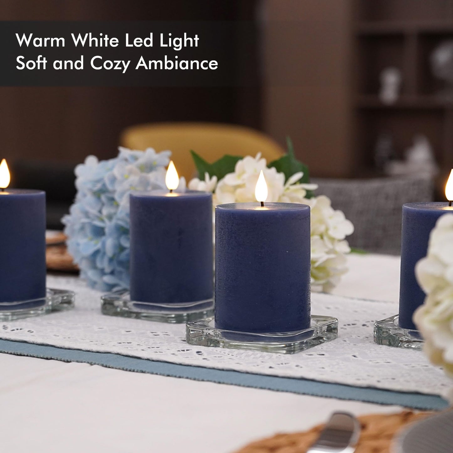 Fanna Flameless Pillar Candles with Timer in Real Wax for Advent and Christmas, Battery Operated Led Candles with Remote, 8 Batteries Included - Set of 4 (D 3" x H 4") - Dark Blue