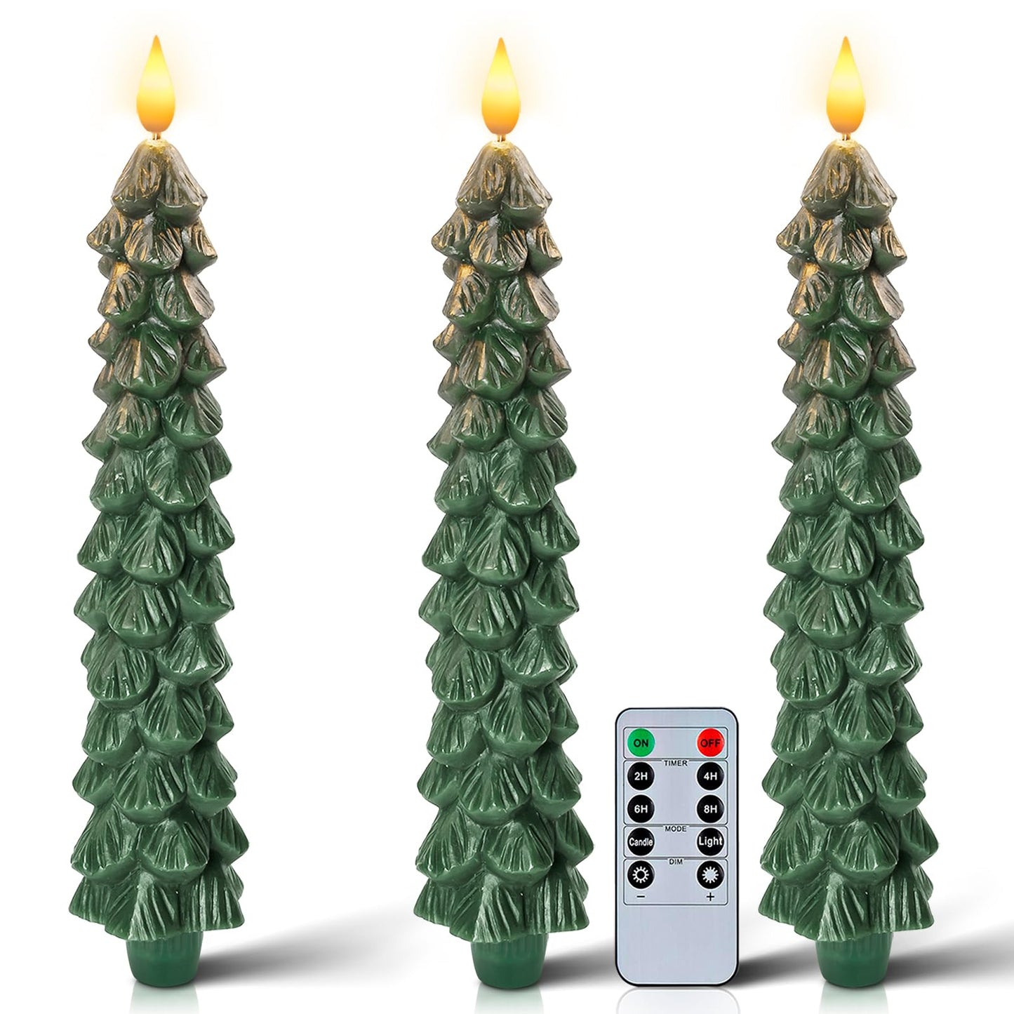 Homemory 3 Pcs Christmas Tree Candles with Remote, Waxy Flameless Taper Candles Flickering, Green LED Candlesticks Battery Operated for New Year Celebration Holiday Decorations 9.7 Inches
