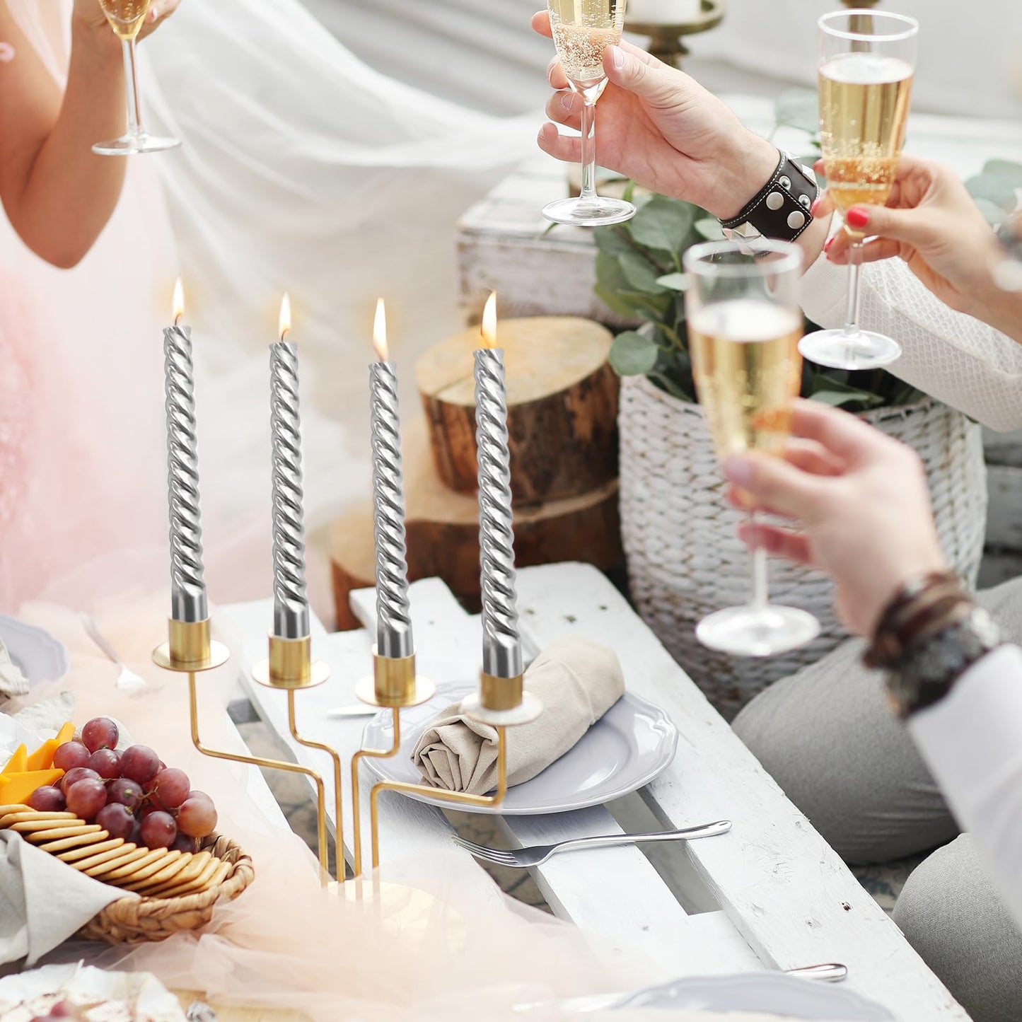 10 Inch Silver Spiral Taper Candles Set for Holiday Decor, 12 Pack Unscented Twisted Candlesticks, Dripelss Thin Tapered Candles for Wedding Dinner Parties Galas Award Ceremonies Religious
