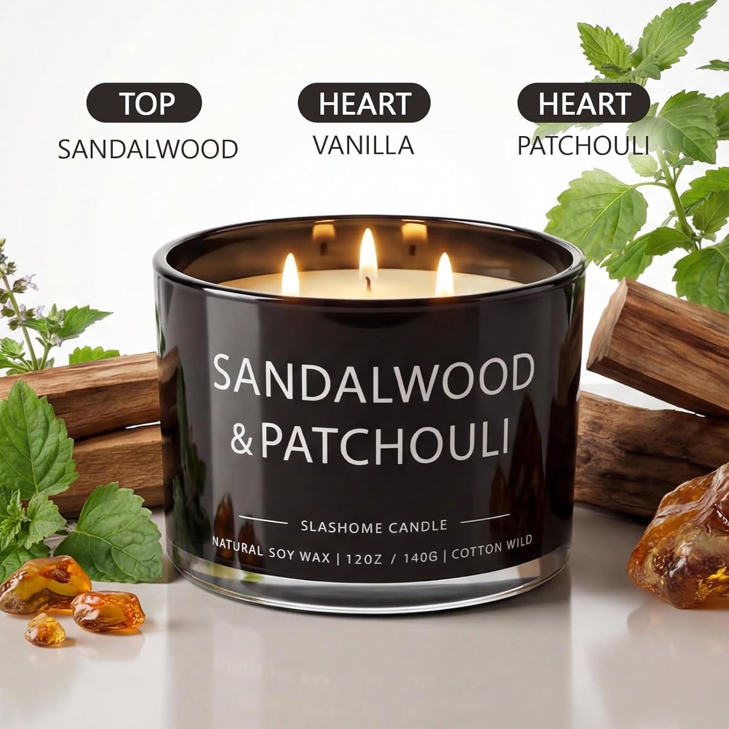 Sandalwood & Patchouli Scented Candle, Luxury Large 3 Wick Soy Candle 12 Oz, 60+ Hour Long Lasting Clean Burn, Elegant Aromatherapy Home Decor, Housewarming & Birthday Gift for Men & Women