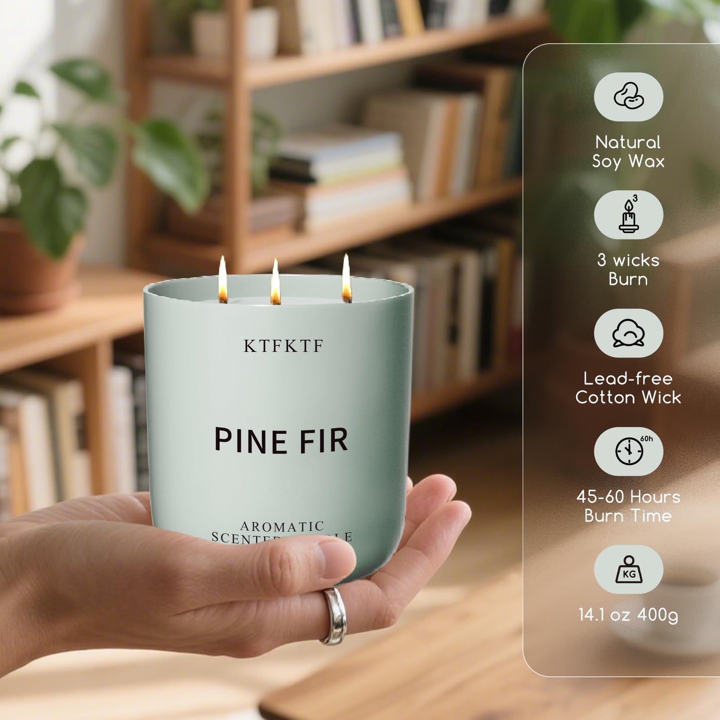 Pine Fir Scented Candle for Home - 3-Wick 14.1oz 80-Hour Long Burning, Non-Toxic Soy Wax Candles - Aromatherapy Candle for Positive & Relaxation, Crisp Woody Forest Scent for Home Decor
